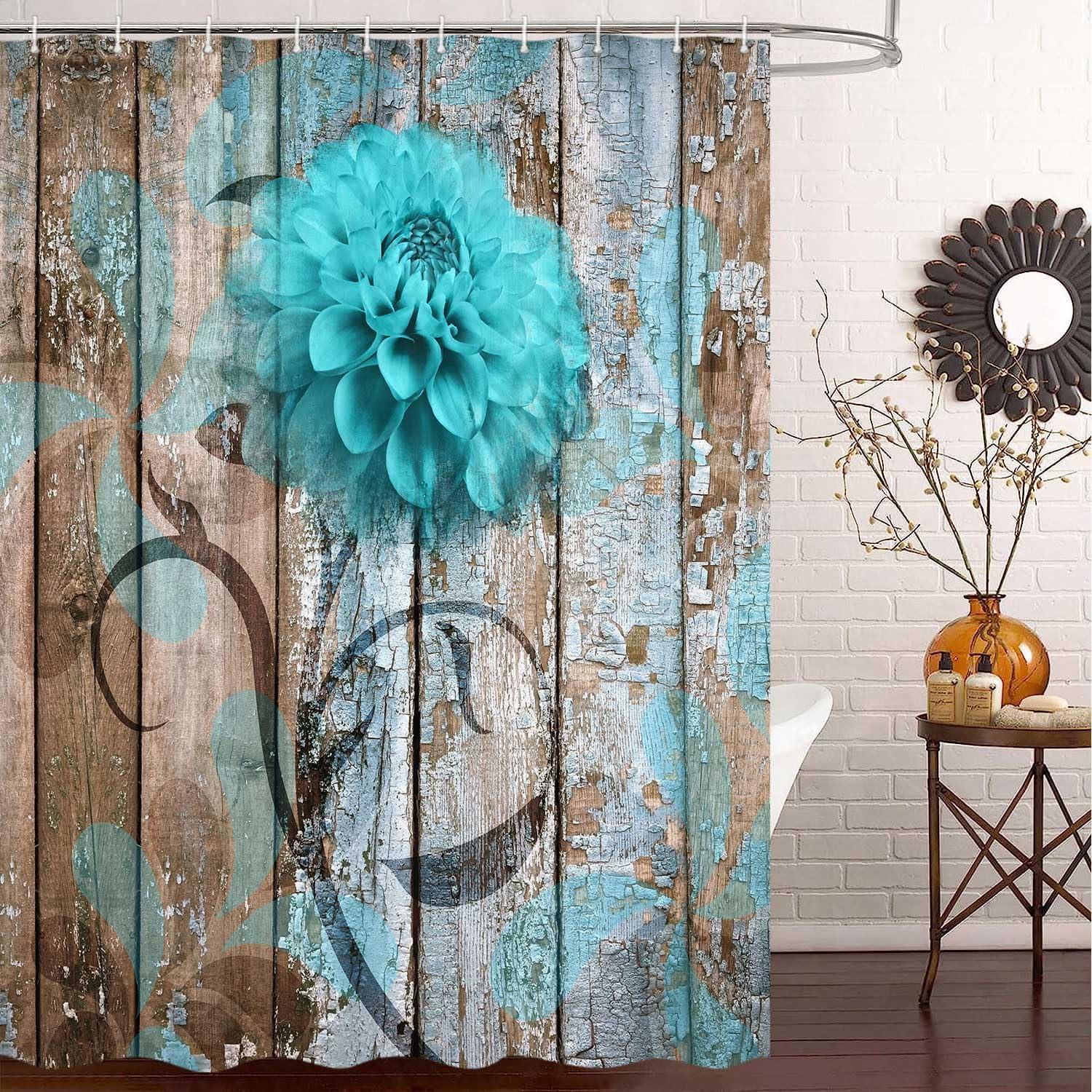 JAWO Teal Dahlia Shower Curtain, Dahlia Flower on Rustic Wooden Plank Country Style, Fabric Shower Curtain Set with 12 Hooks Bathroom Curtain Waterproof Bath Curtains Curtain, 69x75inches