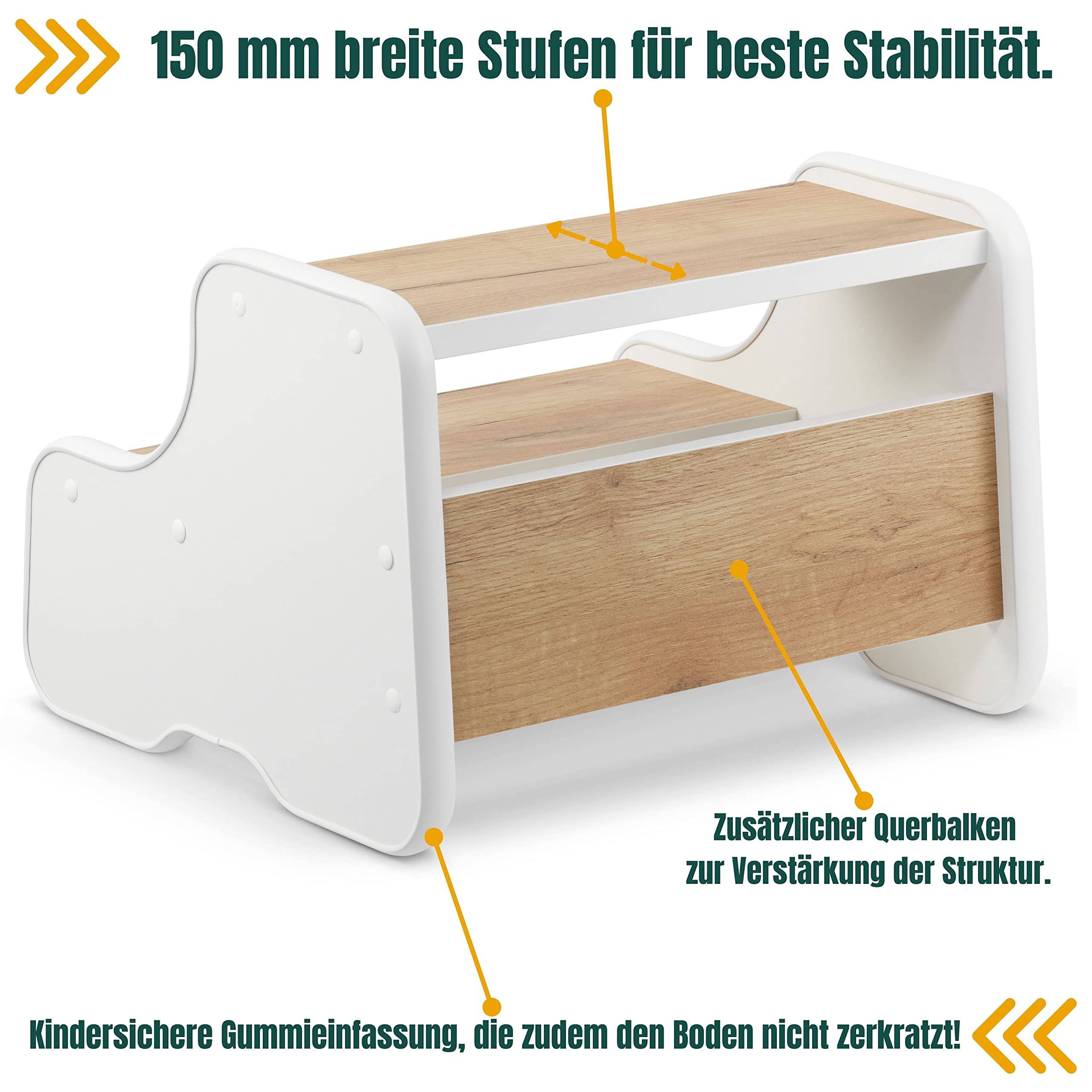 defiPad Tritthocker für Kinder mit 2 Stufen Weiß/Eiche, Kinderhocker und Toilettenhocker, Tritt-Schemel für Bad, Waschbecken, Toilette und Küche, Hergestellt in der EU