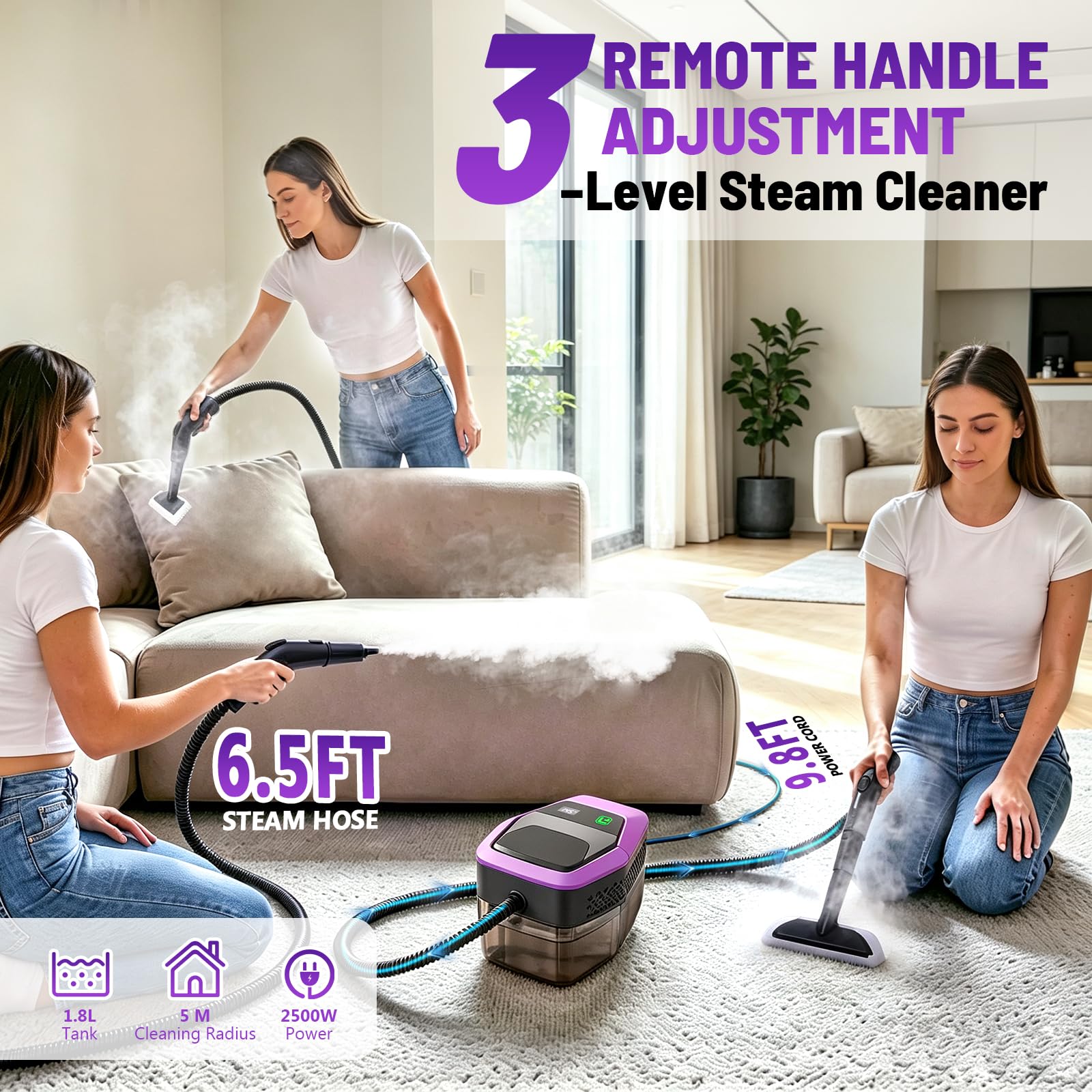 2500W Nettoyeur à Vapeur,4 Bars,Chauffe en 10 s, Vapeur à 145°C pour Désinfection, Réservoir 1.8L 12 Accessoires Inclus 3 Niveaux de Puissance pour Voiture Canapé Sol Salle de Bain Carrelage