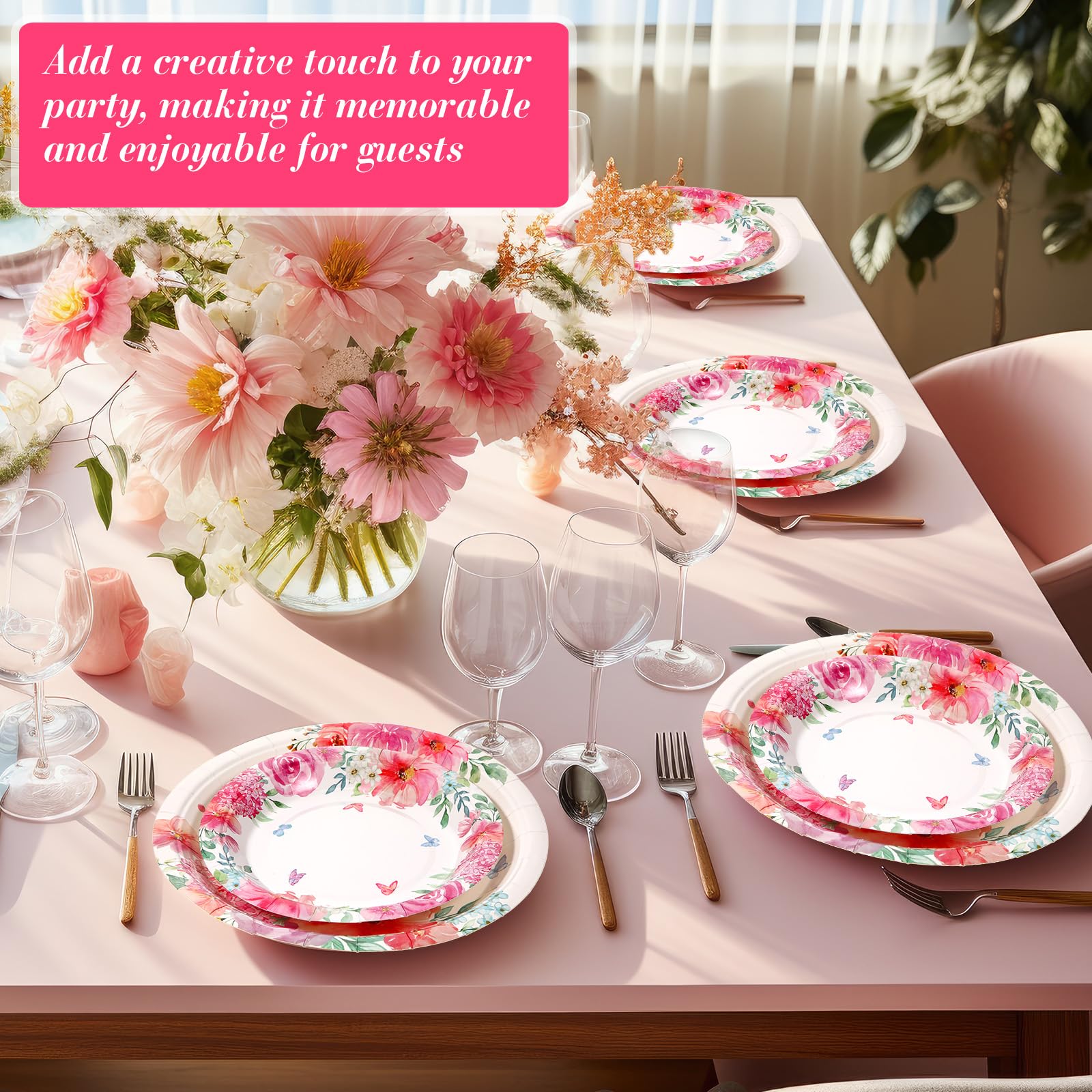 Mumufy Confezione da 100 piatti di carta floreali ad acquerello e fiori rosa primaverili piatti da dessert piatti da tè per matrimoni, addio al nubilato, fidanzamento, compleanno cena