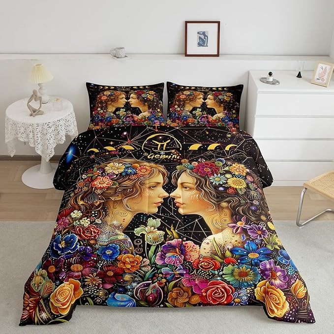 Gemini Zodiac Sign Comforter Set King Size,Fairy Twins Twelve Star Constellation Bedding Set for Kids Boys Girls Room Decor,Sun Moon Quilt Set,Colorful Flower Luxury Duvet Insert 3Pcs,2 Pillowcases