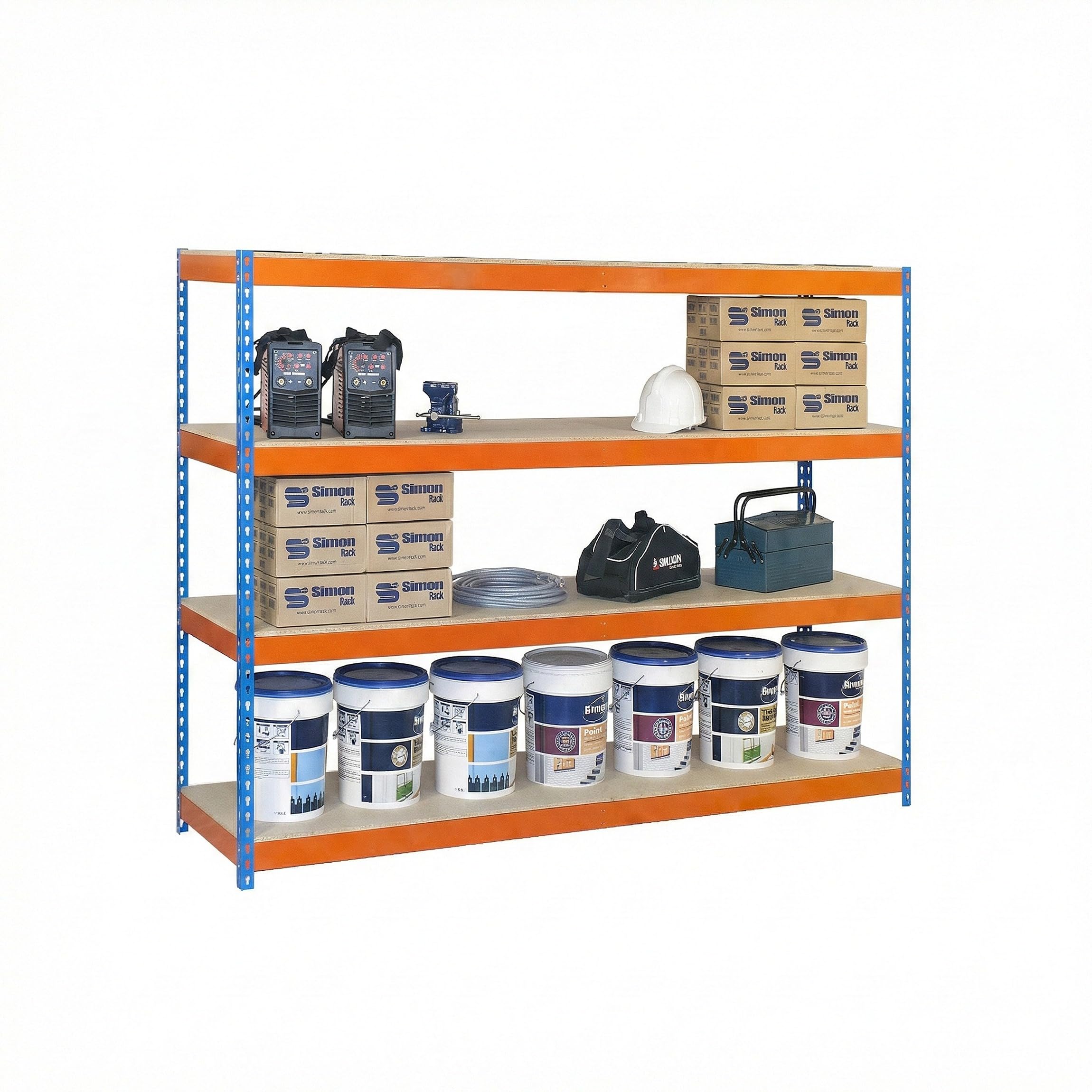 Simon Rack Estanteria Industrial, 2000x2100x600 mm, 500 kg de Punto Flexión, 4 Estantes Madera, Estanterias Almacenaje, Estanterias Metalicas, Azul/Naranja/Madera - SimonTaller