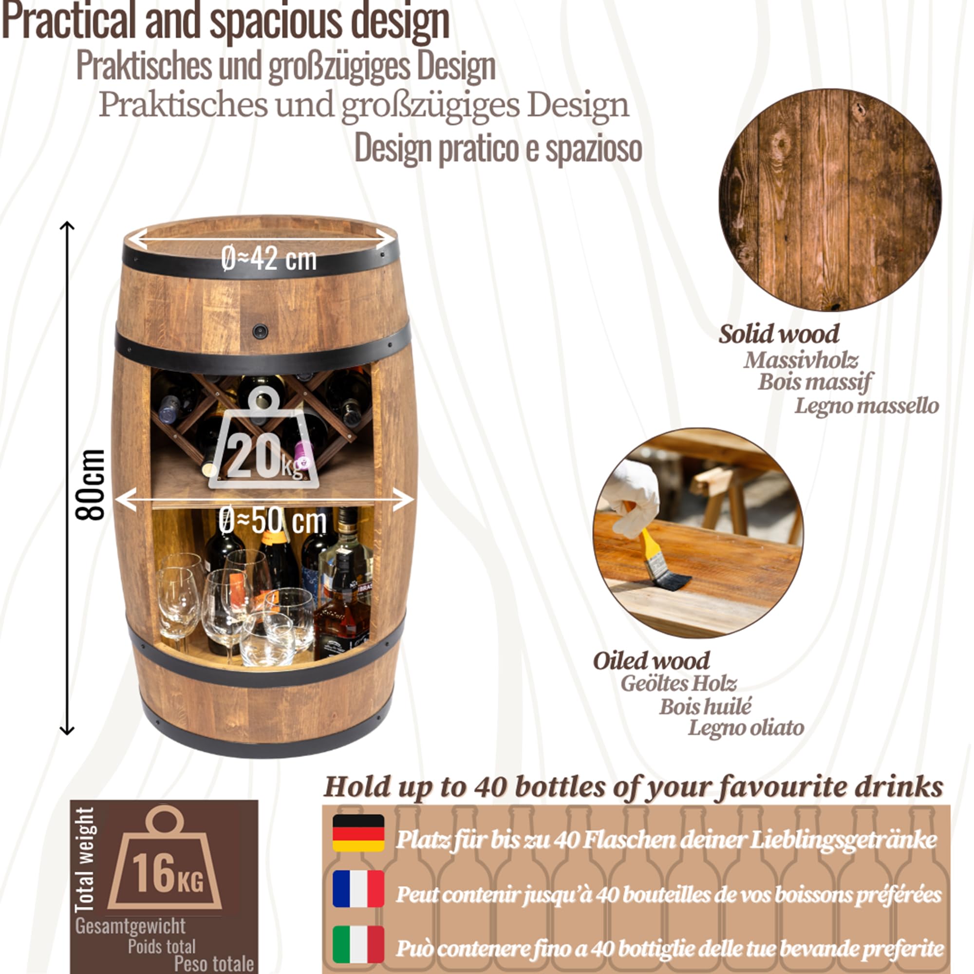 CREATIVE COOPER Baril avec Support à Vin - Casier LED - Tonneau en Bois - Bar de Maison - 80 x 50 cm - Décoration Rustique - Armoire (Marron Foncé)