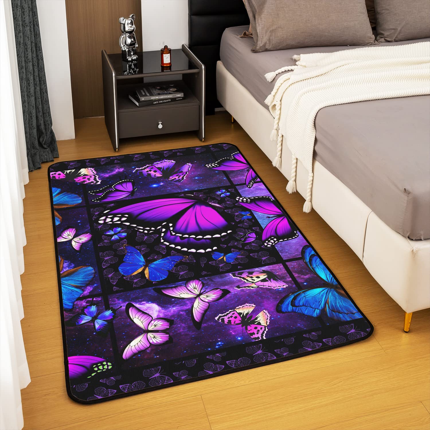 Homewish Tapis de Salon Galaxie Ciel Étoilé, Décoration Papillon Bleu Violet - Lavable