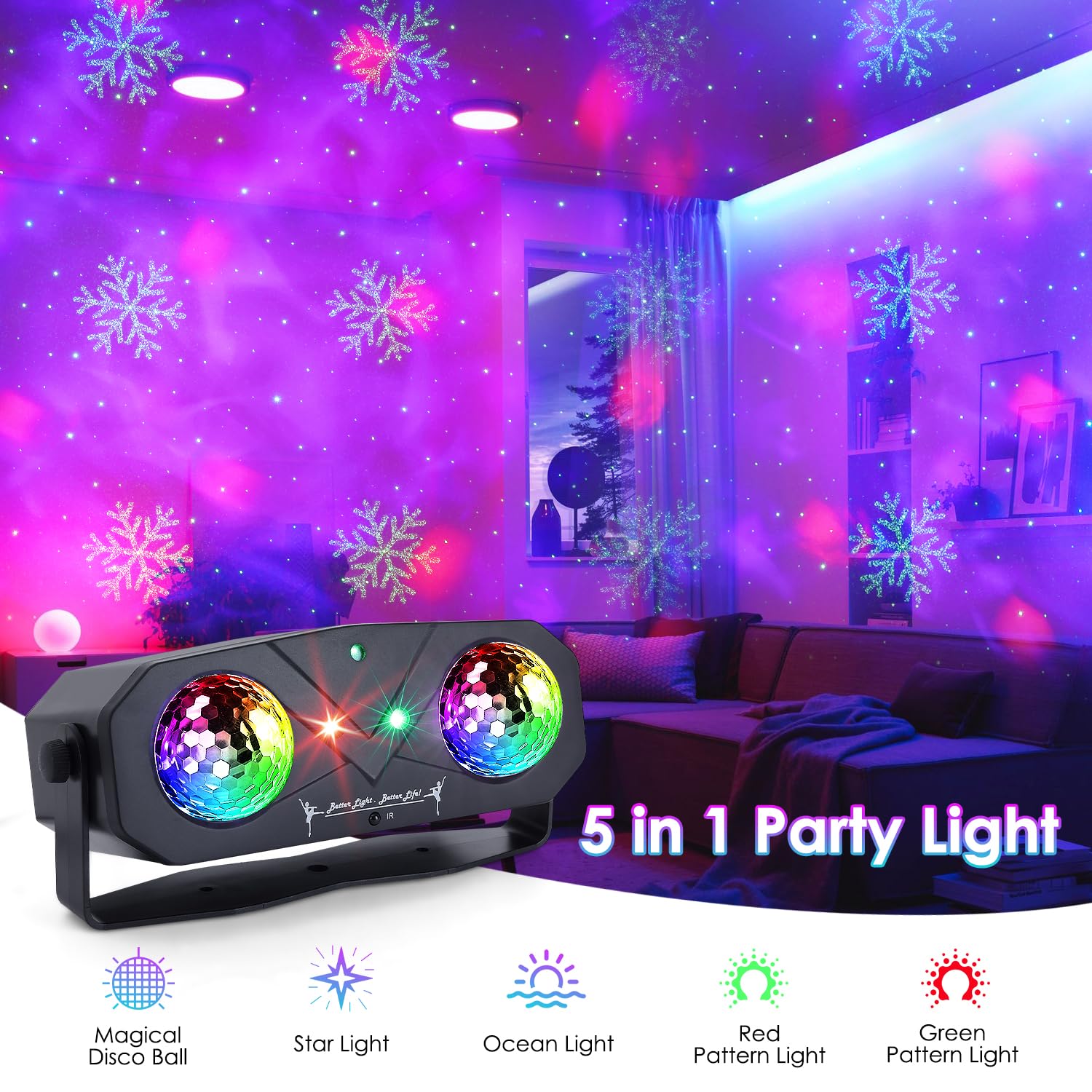 Boule Disco 5 en 1, Gomifie Lumière Disco avec 4 Modes pour Différents Scènes, Lampe de Scène Contrôlée par Musique avec Télécommande et Stroboscope, Jeu de Lumière 2M USB pour Halloween, Noël, Fête