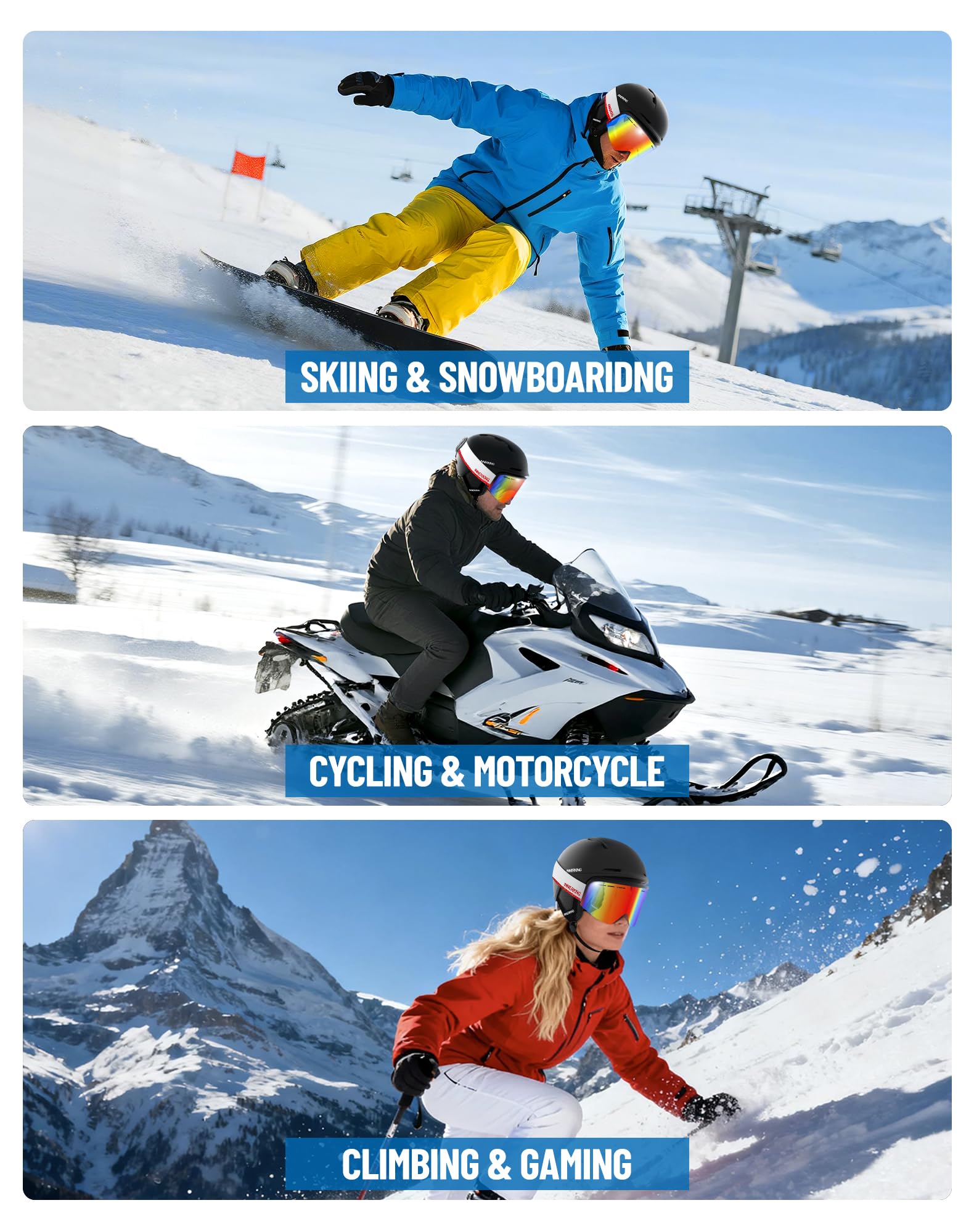 Innerking Occhiali da sci/snowboard OTG per uomini, donne e ragazzi – Occhiali da neve anti-appannamento 100% UV400 protezione GR15