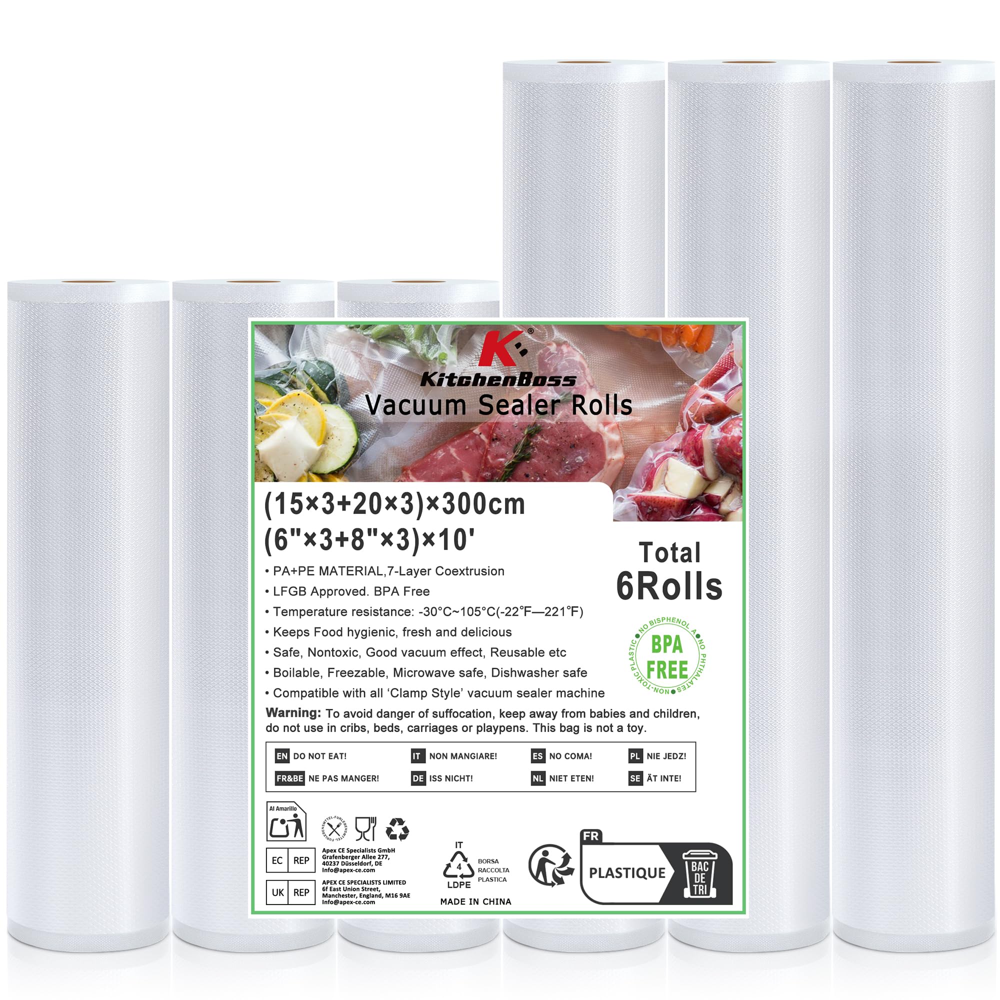 KitchenBoss Vacuum Sealer Bag Vacuum Film 3 Rolls 15 x 300 cm + 3 Rolls 20 x 300 cm, Sealing Film for Vacuum Sealers BPA-Free, Foil Rolls Tear-Resistant