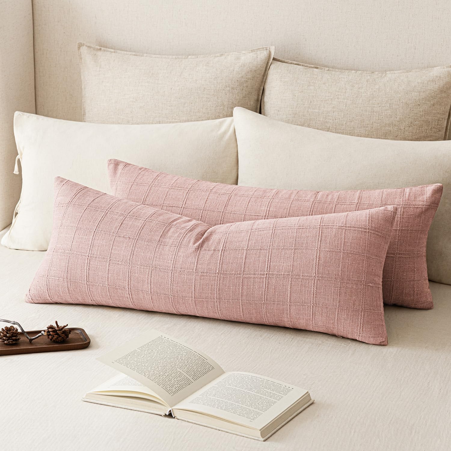 Foindtower Long Linen Check Lumbar Throw Pillow Cover 14×36 Cream White