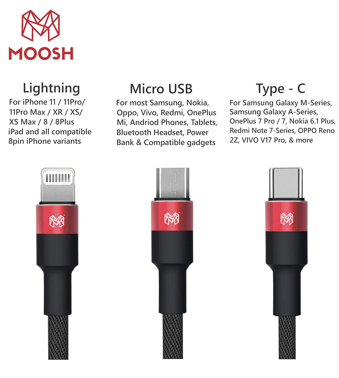 MOOSH 3 in 1 Multi Charging Cable Nylon Braided with Fast Charging Multi Charge Option at Same time for Micro USB, Type C and iOS devices 3.3 feet Compatible with Most Smart Phones (Black) MOOSH 3 in 1 Multi Charging Cable Nylon Braided with Fast Charging Multi Charge Option at Same time for Micro USB, Type C and iOS devices 3.3 feet Compatible with Most Smart Phones (Black)