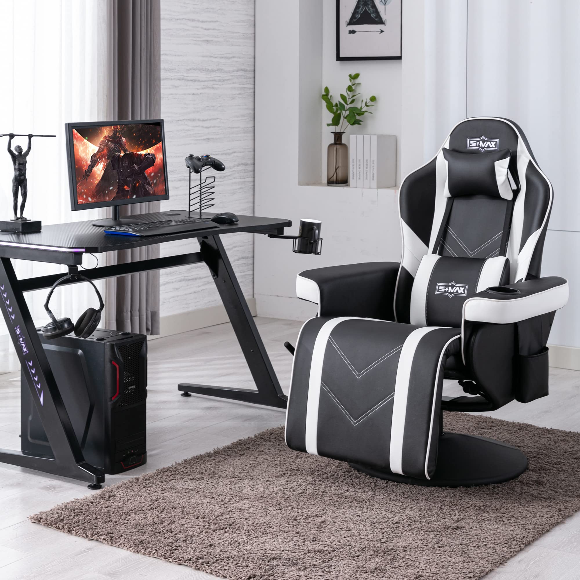 S*MAX Gaming Sessel Gaming Stuhl mit Fußstütze hoher Rückenlehne mit Verstellbarer Rückenlehne Becherhalter Seitentasche Gaming Stuhl für Erwachsene Large Weiß