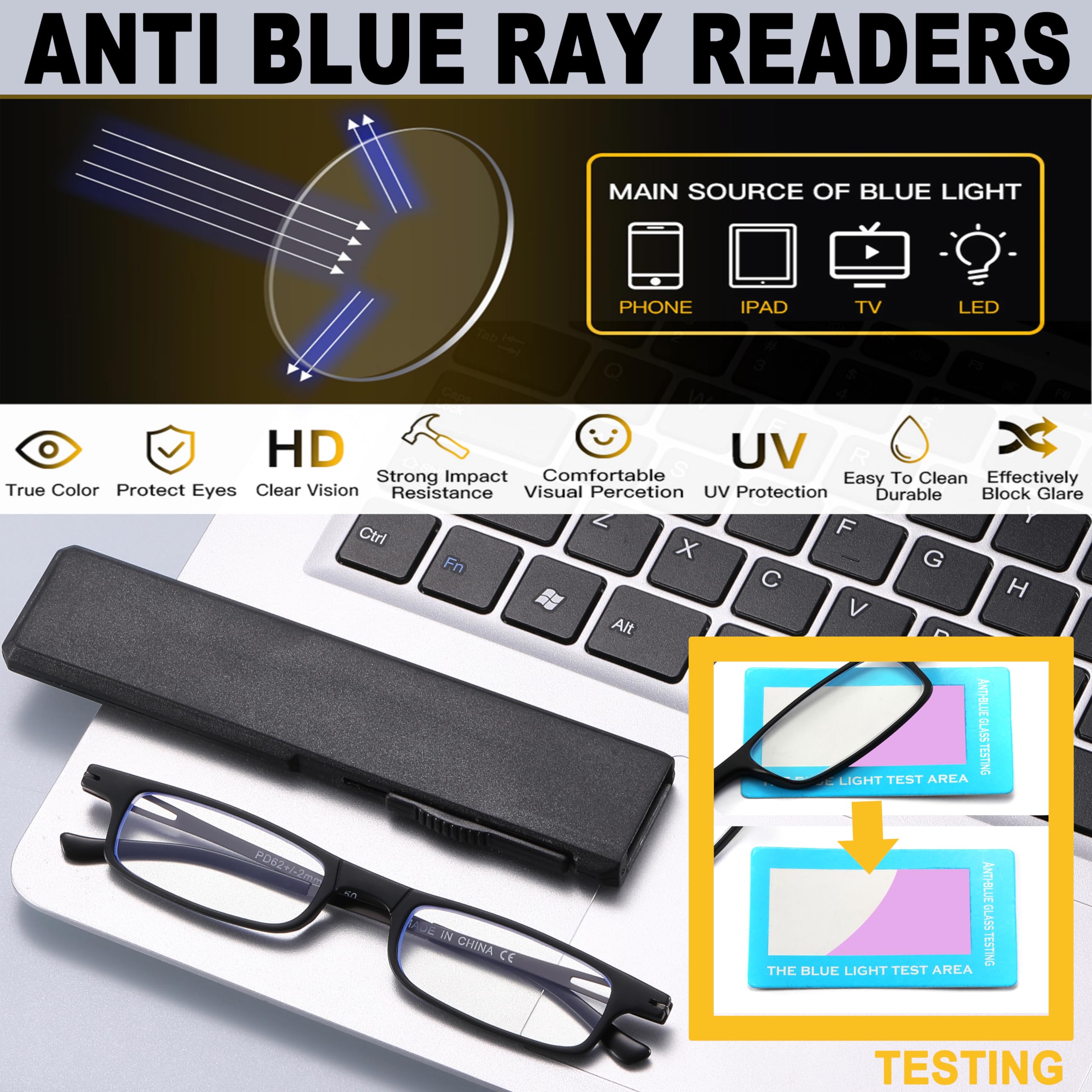 Lesebrille, faltbar, ultradünn, Anti-Blau, kompakte Lesebrille, TR90, leicht, mit flachem Etui, für Männer und Frauen, 2 Stück