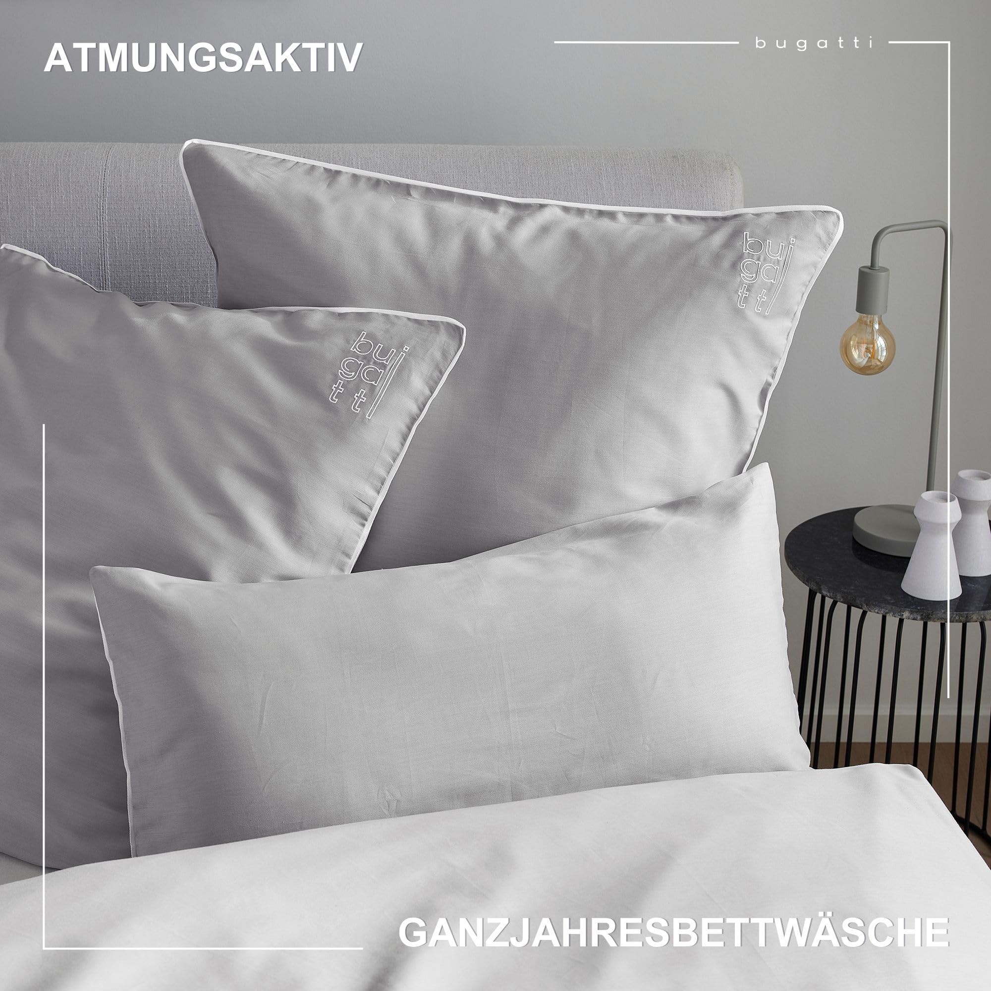 bugatti Bettwäsche 135x200 cm - 100% Baumwolle, Reißverschluss, anschmiegsam, weich & waschbar, Satinbettwäsche hellgrau einfarbig