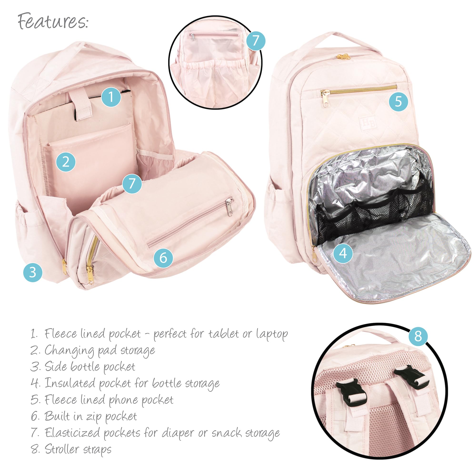Hudson Baby Unisex Baby Premium torba na pieluchy plecak i podkładka do przewijania, pudrowy róż, jeden rozmiar