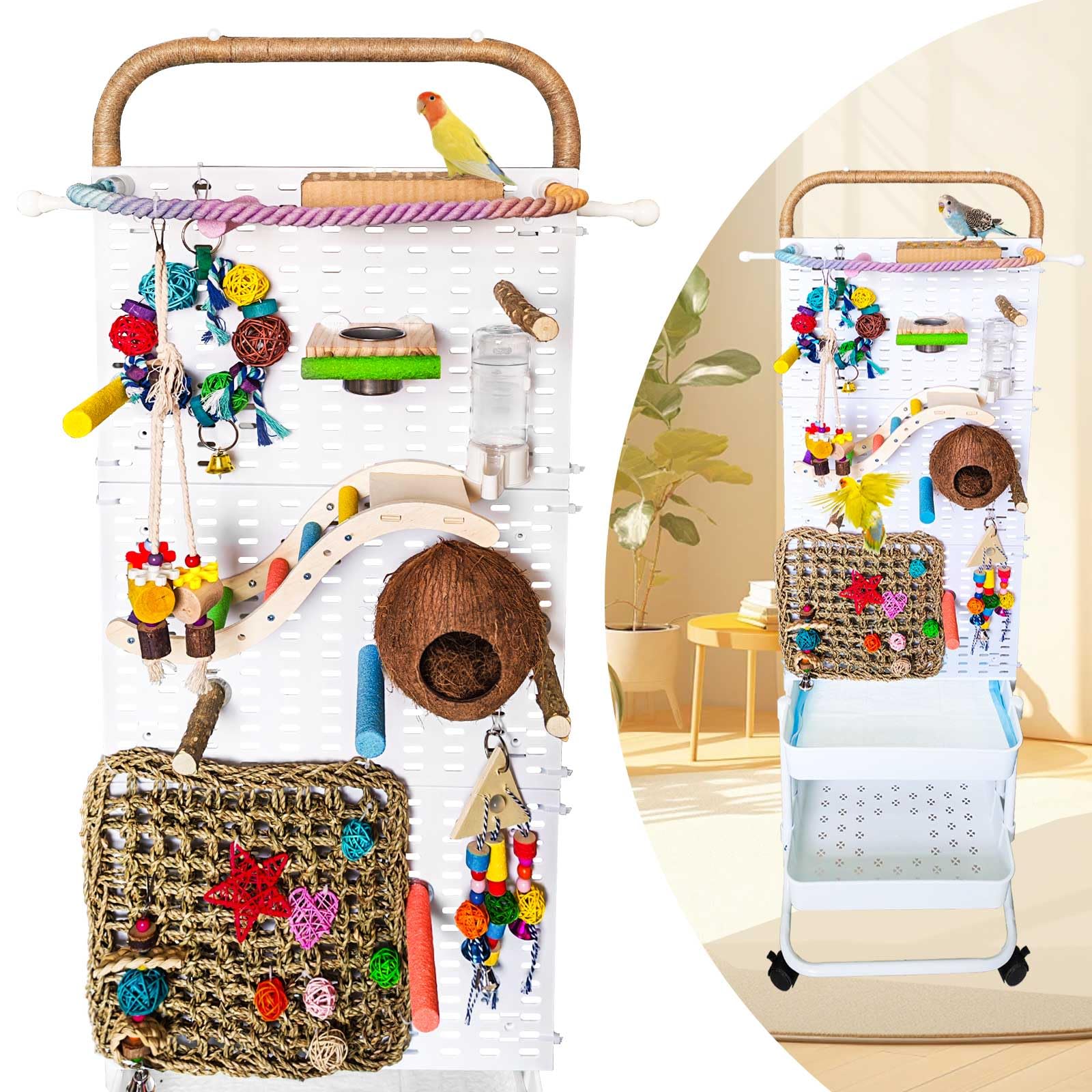 Parrots Bird Playground with Wheels,Parrot Play Stand with Bird Play Gym & Accessories,Bird Perches,Bird Cage Accessories,Climbing Play Ladder,Removable Washable Tray and Stainless Steel Cups.(59in)