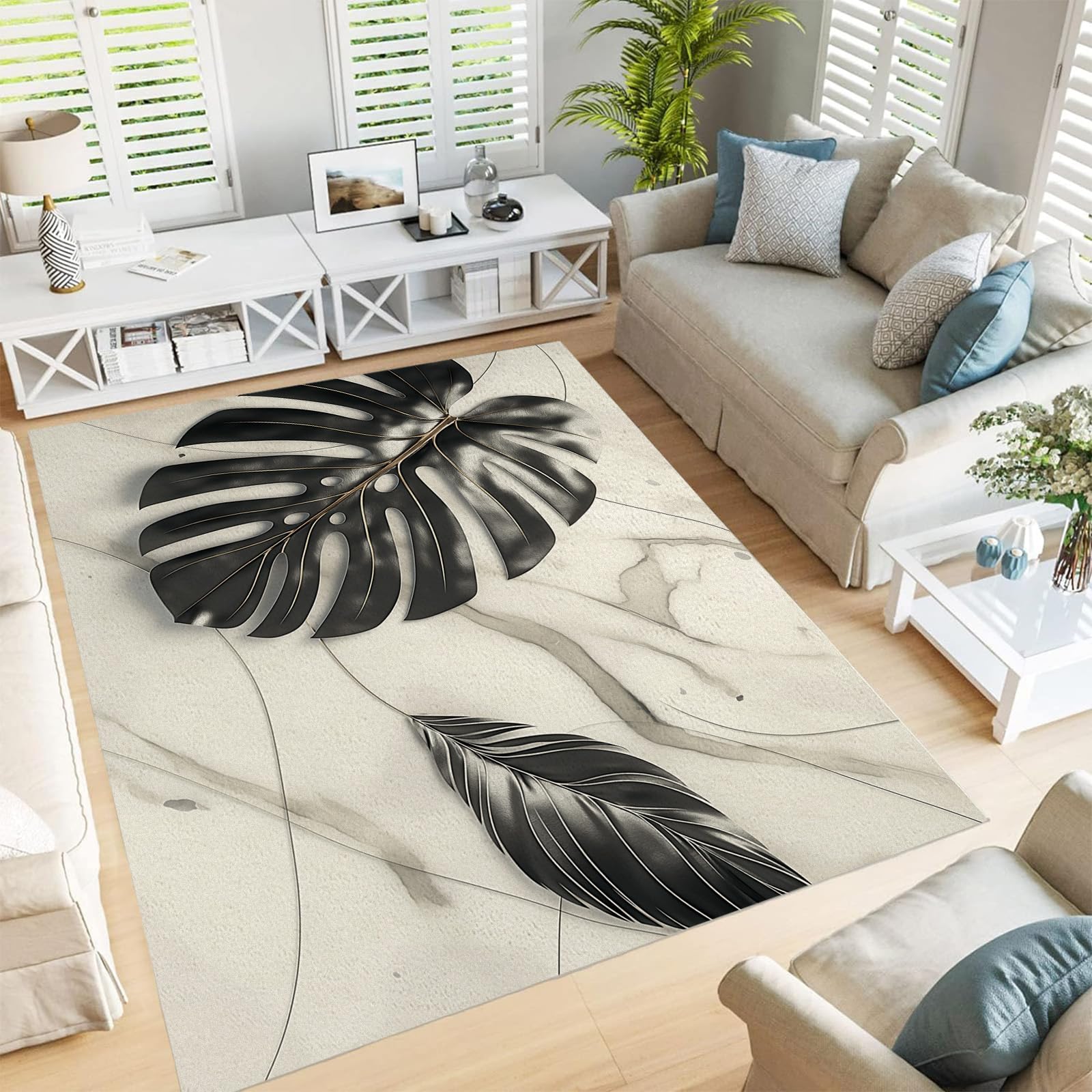 Tapis design marbre blanc effet feuilles de monstera velours doux 140x200cm