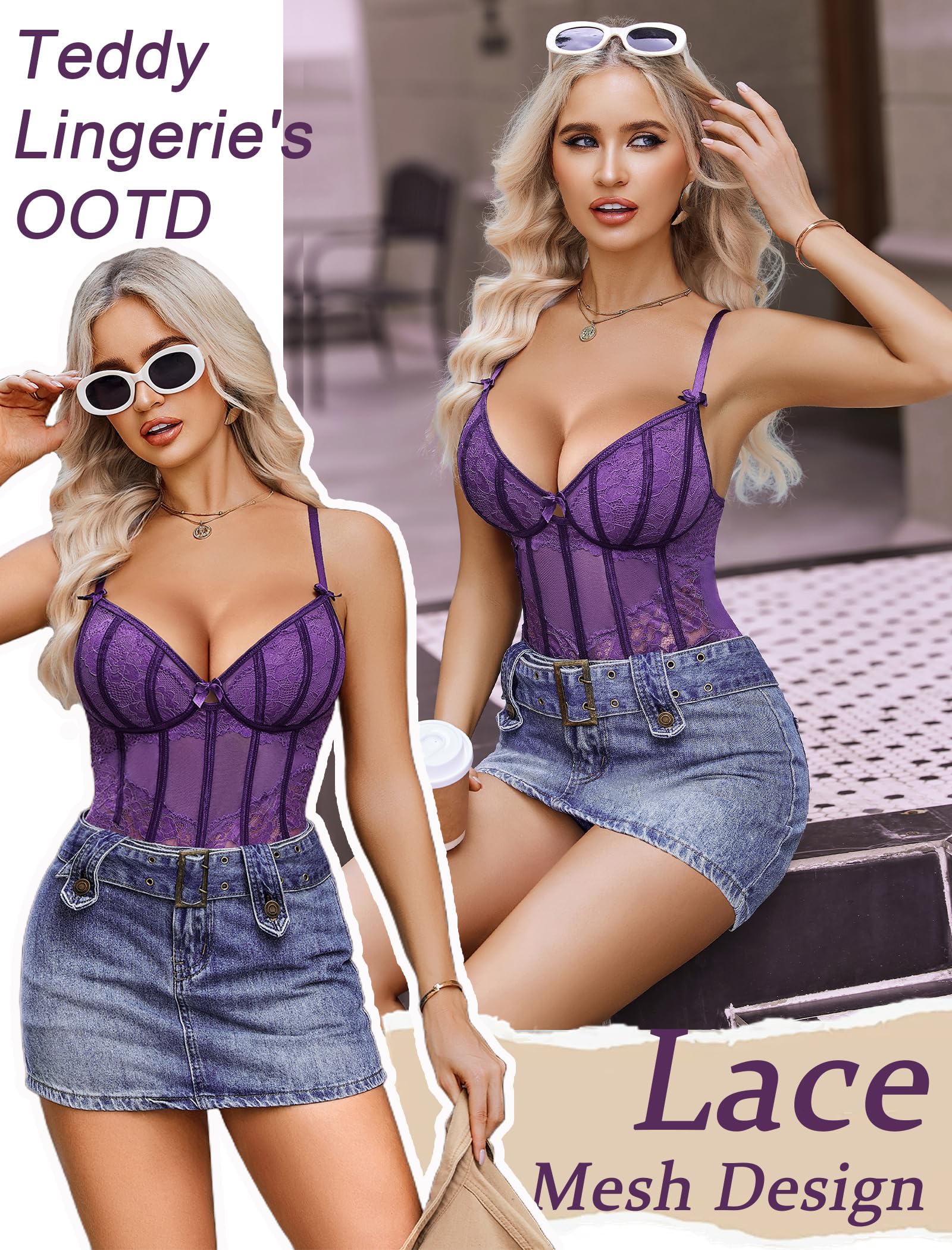 Avidlove Lingerie for Women Lace Bodysuit V Neck Body Suits One Piece Floral Teddy Lingeries Sexy Mesh Top Wireless Babydoll: XX-Large Navy Blue