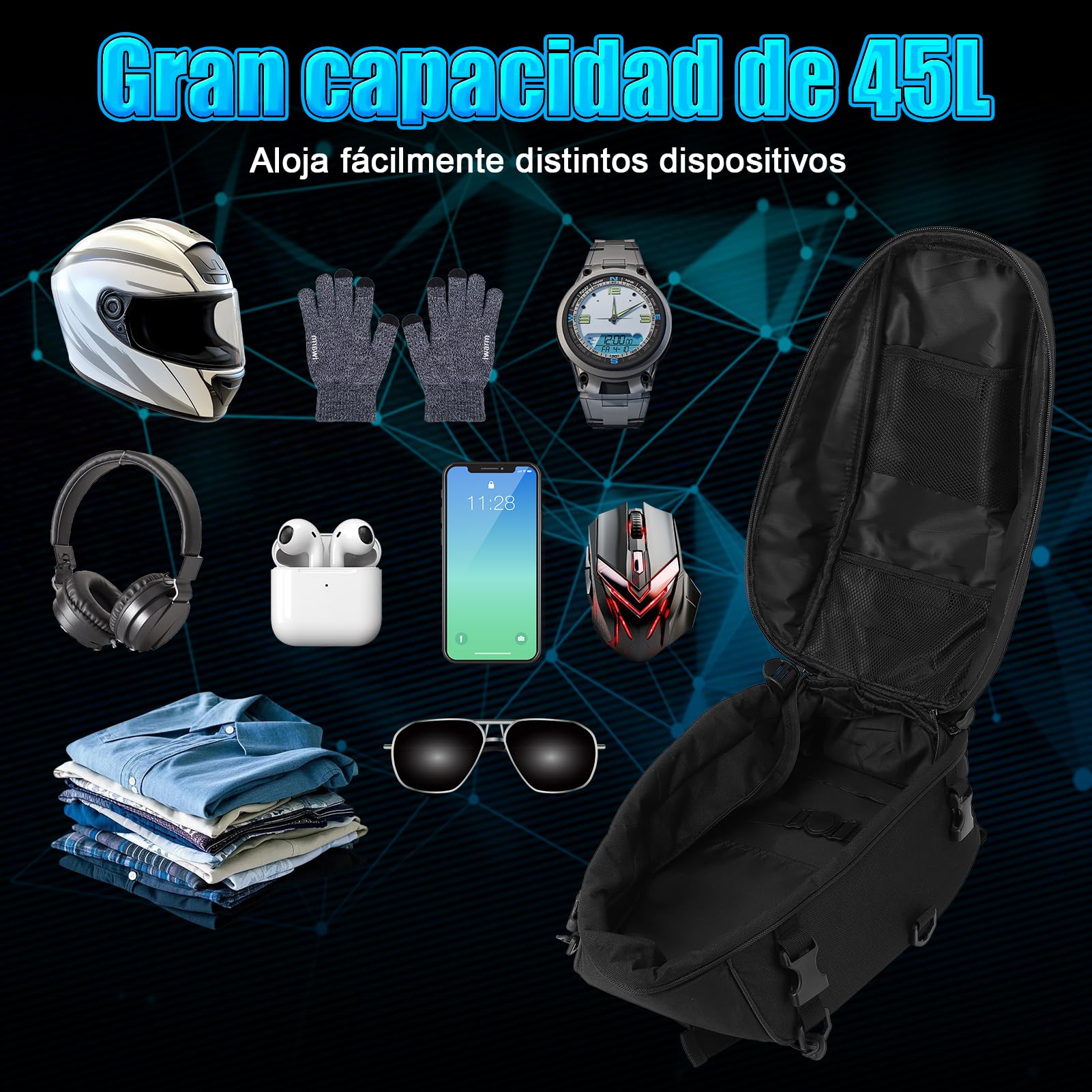 Mochila de 45L de tela Oxford para motocicleta, bolsa de casco resistente al agua con bolsillo de malla elástica y correa para el hombro para motocicleta, para guardar guantes, ropa y otros