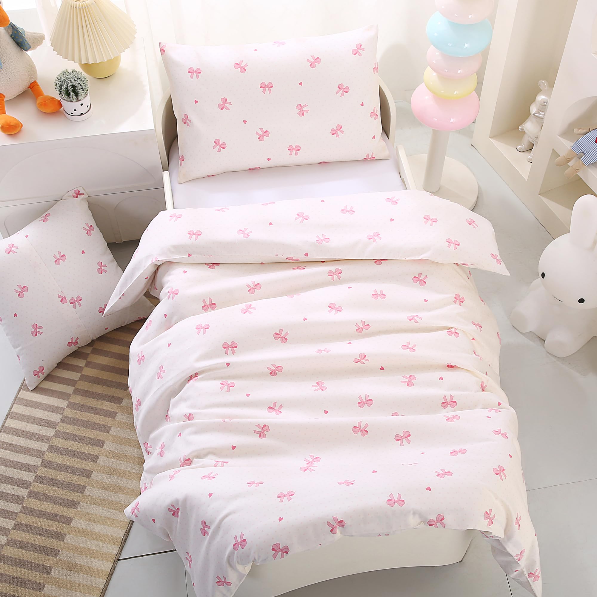 HMtideby Pink bowknot Toddler Kids Bedding Set for Girls, Cot Bed Duvet Cover with Pillowcase, 2 pcs, 120 x 150 cm - Image 2