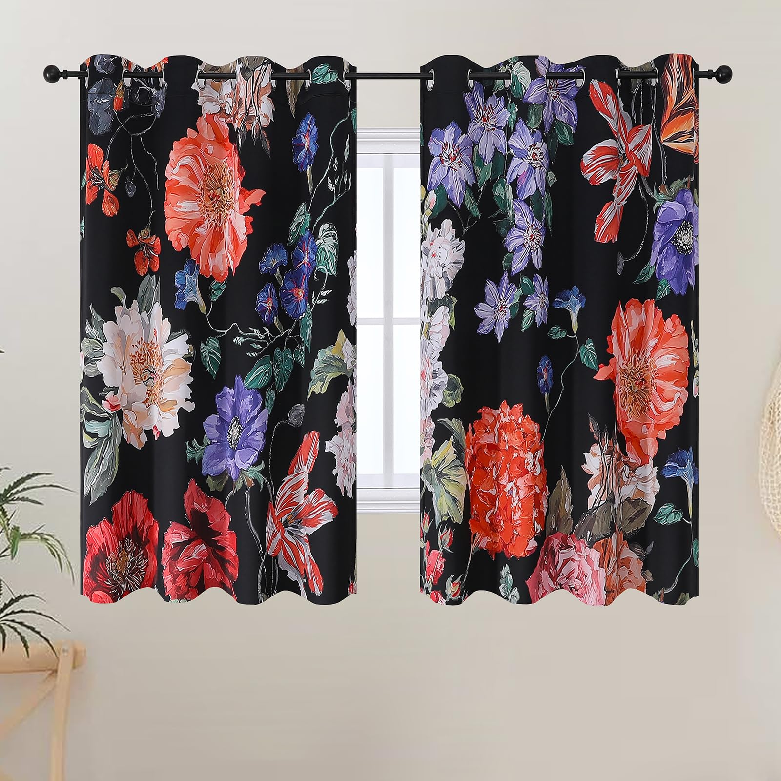VEHEDE Floral Curtains, Mid Century Vintage Black Room Darkening Curtain for Bedroom with Printed Flower Pattern, 2 Panels Eyelet Thermal Insulated Boho Drapes for Living Dining Room W52 X L54 Inch