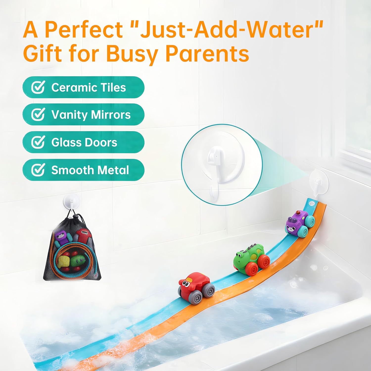 Resosese 5 Ft Race Car Bath Toys Set, 8-Piece Extra Long Flexible Bathtub Track Set with 4 Mini Cars, Suction Cups & Mesh Storage Bag, DIY Water Slide Toy Gift for Boys Girls Ages 3+
