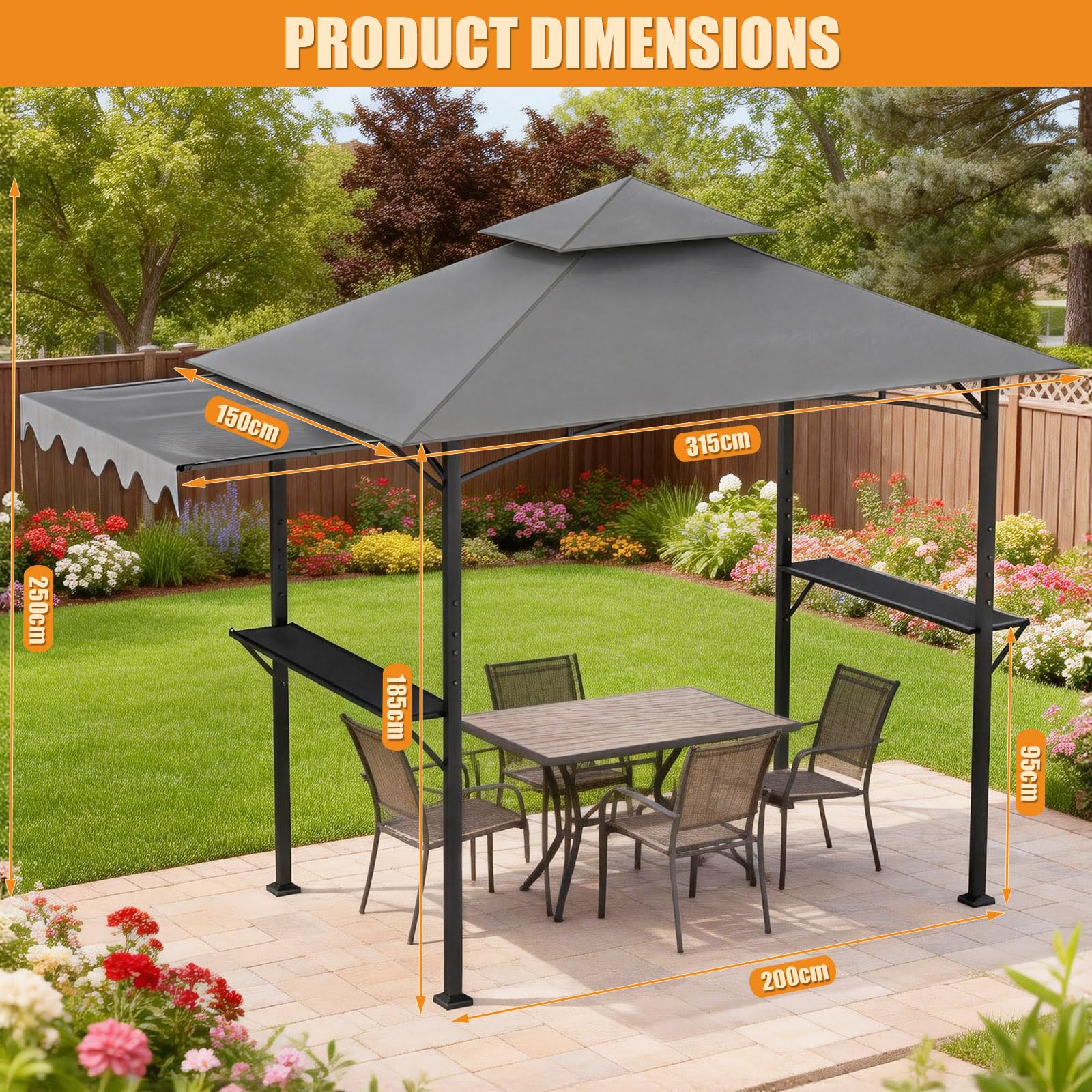 Grillpavillon wetterfest mit Seitenmarkise, Seitenregalen, Haken & Flaschenöffner, sekundenschnell aufbaubar UV-Schutz 50+, Grillunterstand für Garten, Außenbereich, Grau