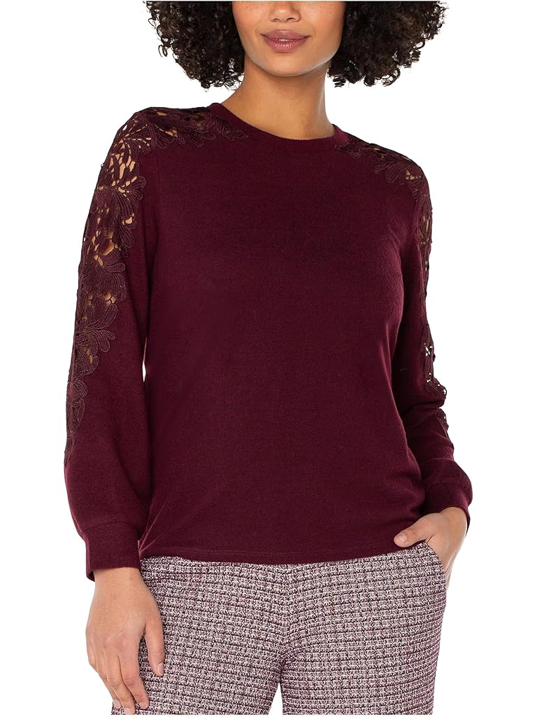Burgundy Liverpool Los Angeles Long Sleeve Crew Neck Lace Inset Knit Top