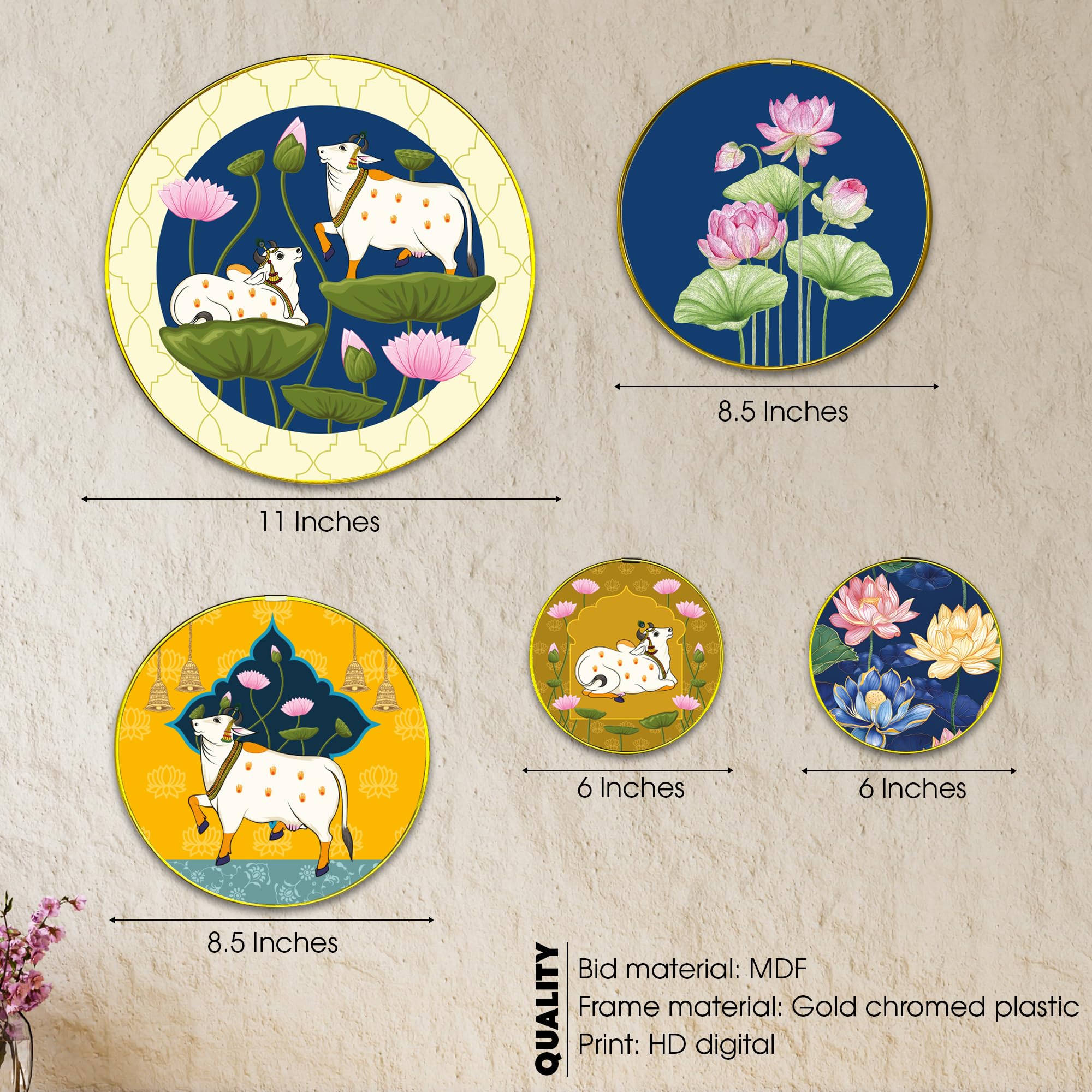 IT2M Wooden Framed Pichwai Cow Decorative Wall Plates for Wall and Home Decor Set of 5 (5GR1)