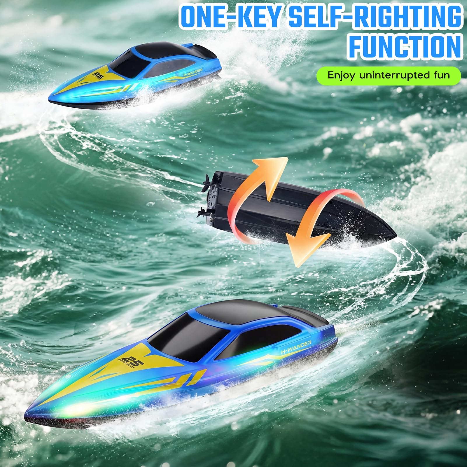 Bateau Télécommandé Rapide 15 KM/H - 2 Heures d'Autonomie, Redressement Automatique, Étanche - Bateau RC 26cm avec Lumières LED, Batterie Rechargeable pour Enfants et Adultes