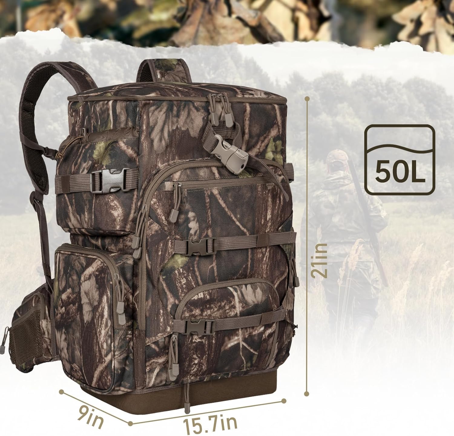 Hunting Backpack with Waterproof Rain Cover, Self Standing Hard Bottom, 50L Camo Hunting Day Pack for Bow Rifle Gun