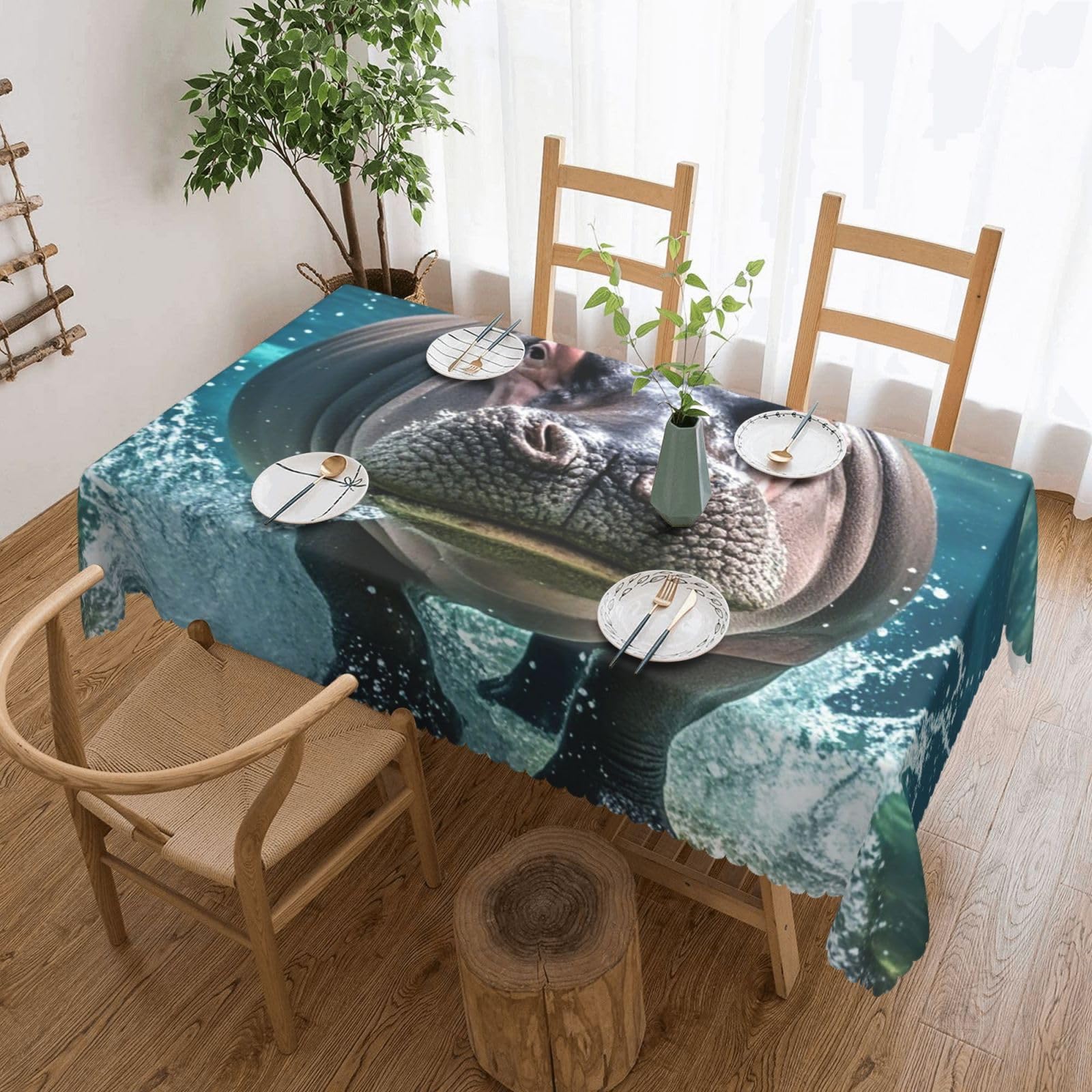 QLDETUPWLX Rectangle Table Cloth 137x183 cm Diving Hippo Tablecloths Wrinkle Free Table Cloth Washable Fabric Desktop Protection Decoration Tables Cover for Party Dining Indoor and Outdoor