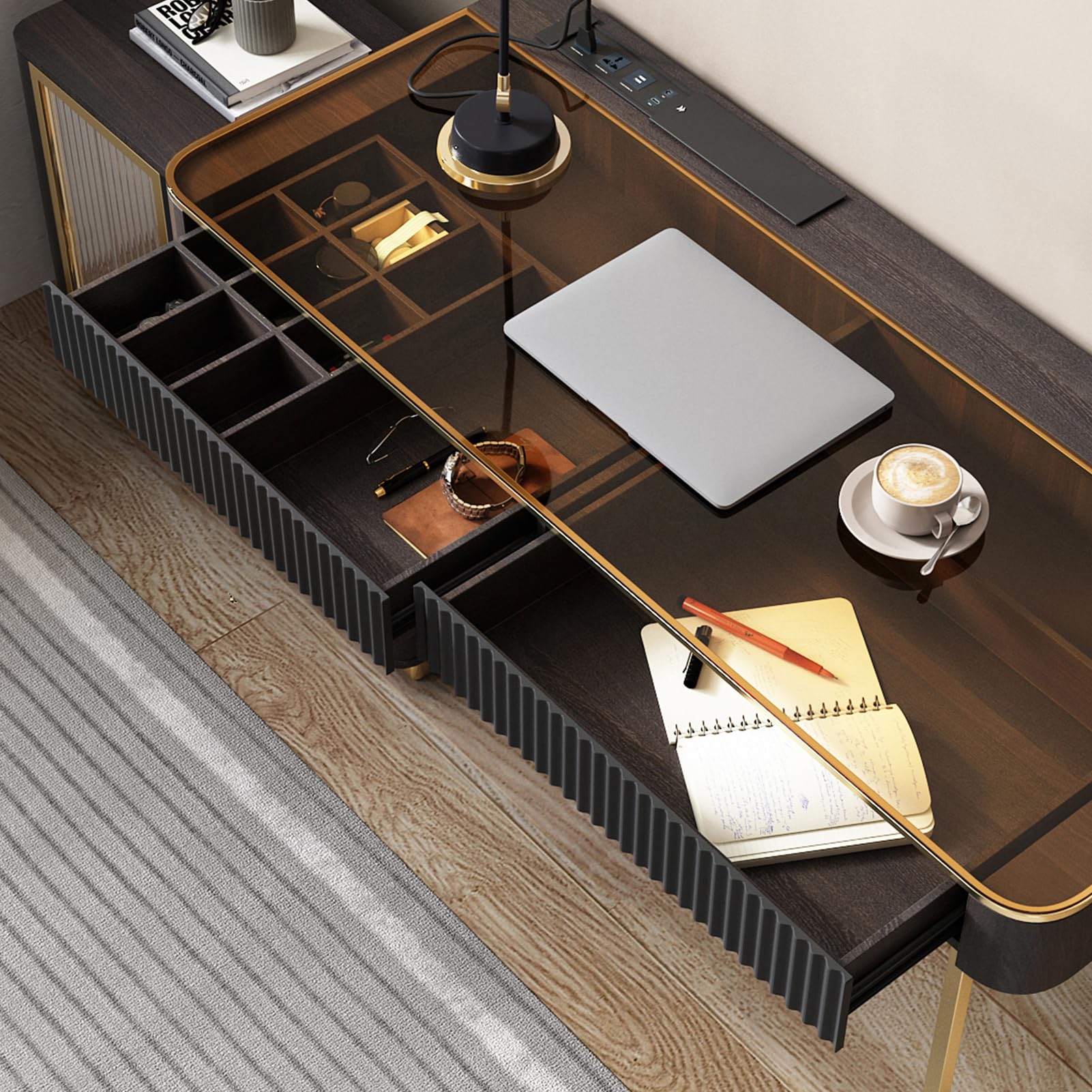Lartis Scrivania da ufficio, molto facile da montare, scrivania per computer, scrivania telescopica per casa, moderna scrivania per computer con armadio retrattile luci LED integrate (nero marrone
