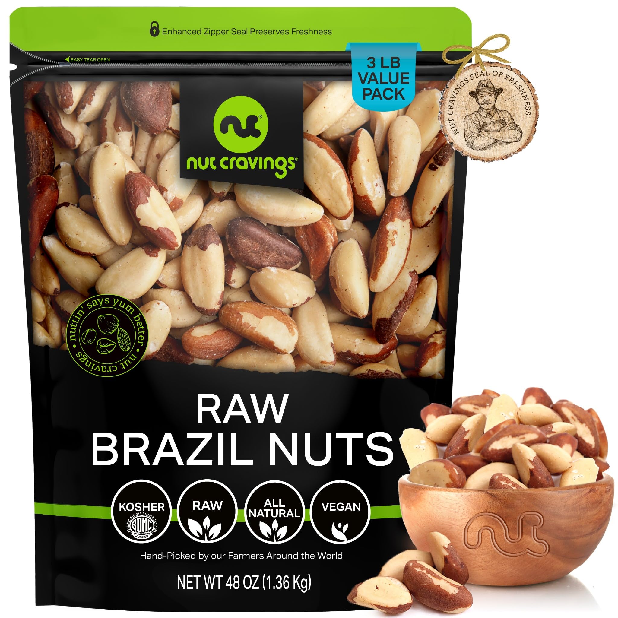 NUT CRAVINGS - Raw Brazil Nuts, Unsalted, No Shell, Whole, (48oz - 3 LB) Bulk Nuts Packed Fresh in Resealable Bag - Kosher Healthy Snack, Food Assortments