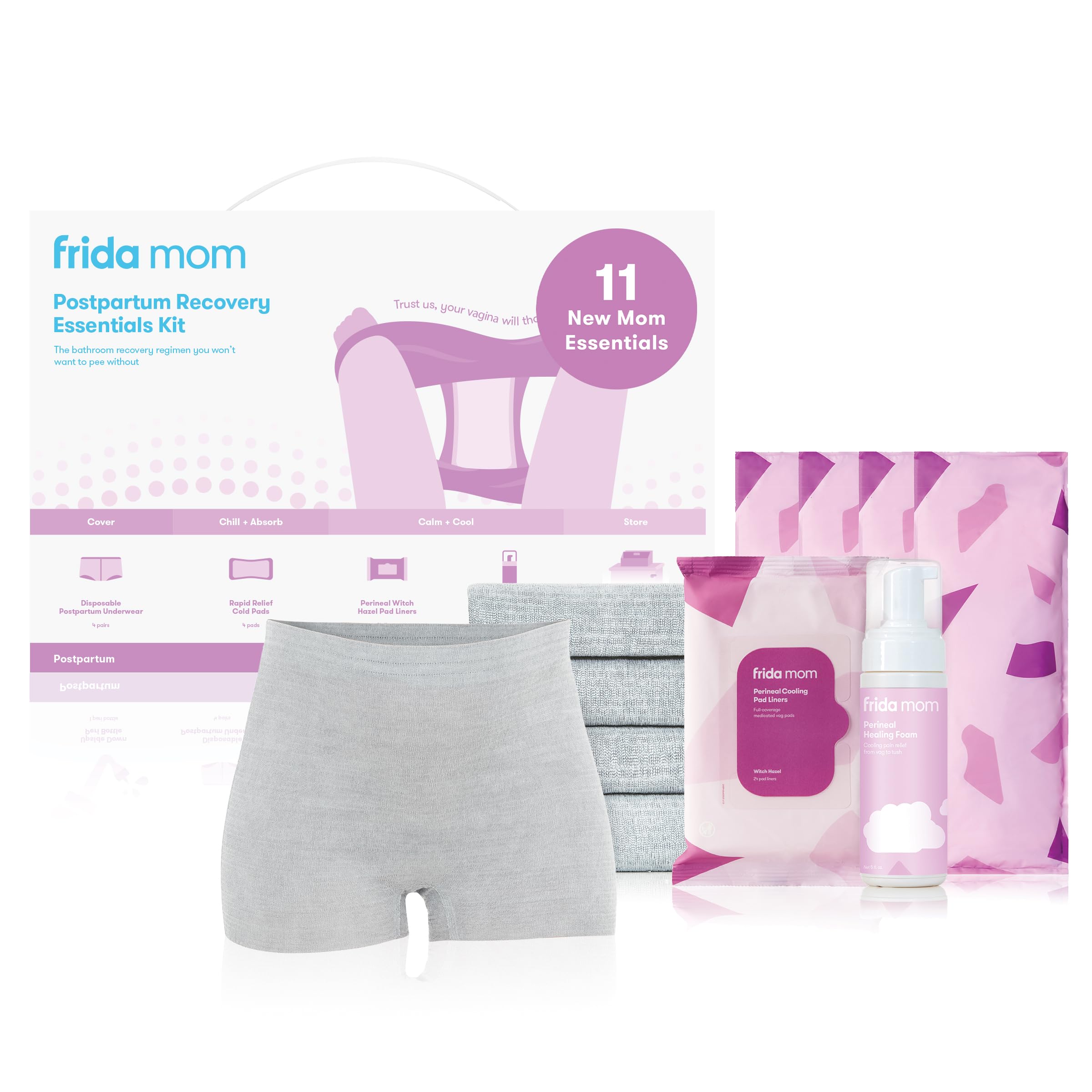 Frida Mom Postpartum Recovery Essentials Kit: New Mum Gifts, Cooling Pad Liners, Ice Maxi Pads, Disposable Knickers, Perineal Healing Foam, 11pc Set
