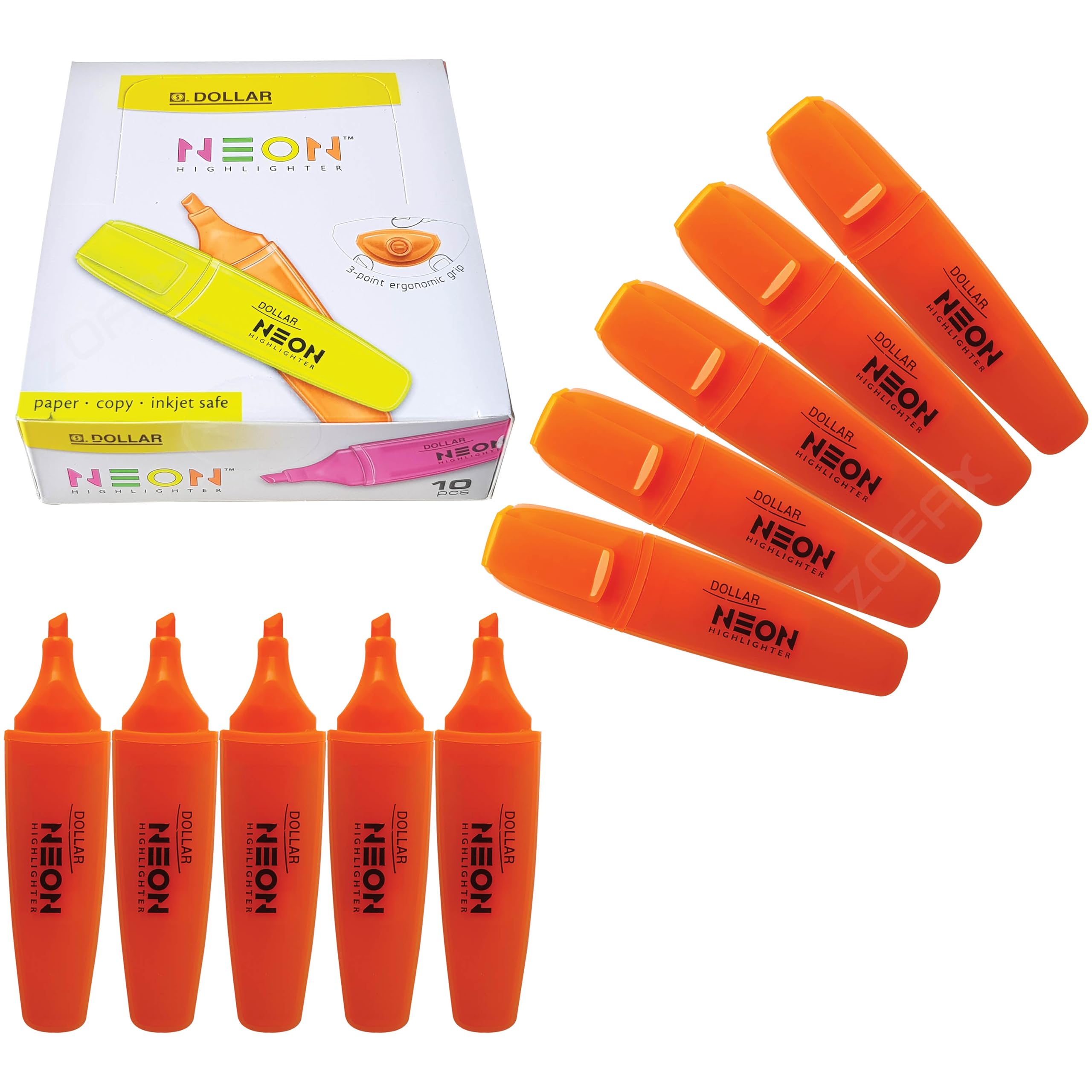 DOLLAR HL625 Neon Fluorescent Highlighter Pens, ORANGE, Pack of 10, Chisel Tip (5.0mm), 3-Point Grip, Multipack, Fast-drying