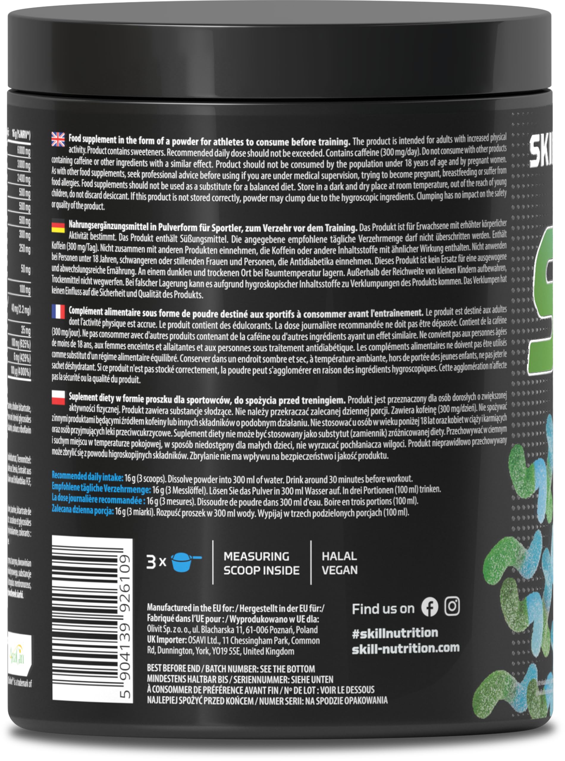 SKILL Nutrition Pre-Workout Sour Gummies | Énergie sans Crash | Xtenergy, TheaGreen, Vitacholine, Astragin | Citrulline, Bêta-Alanine & Vitamines B | Focus & Performance | Végétalien & Halal