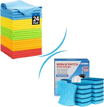 Non-Scratch Cellulose Scrub Sponges 12 Pack Kitchen Sponge, with Microfiber Cleaning Cloths, 100 Pack Cleaning Rags Towels