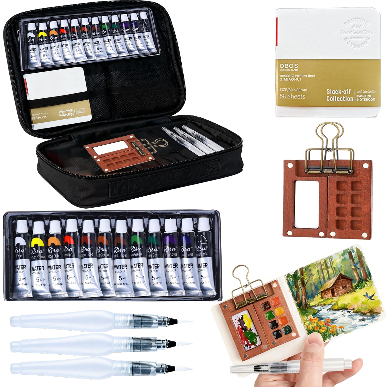 Amazon | SATFOIV ミニ水彩絵の具キット キャリーバッグ付き トラベル