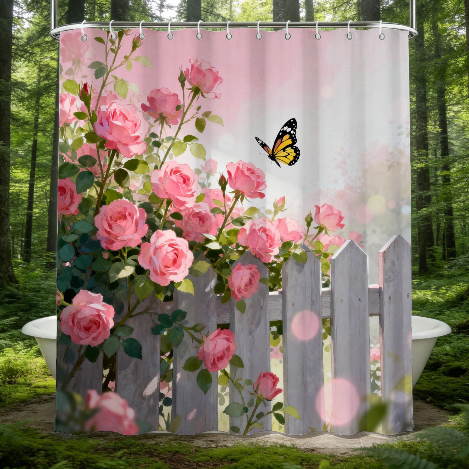 Rideau de douche papillon rose 200x200 lavable avec anneaux de fixation