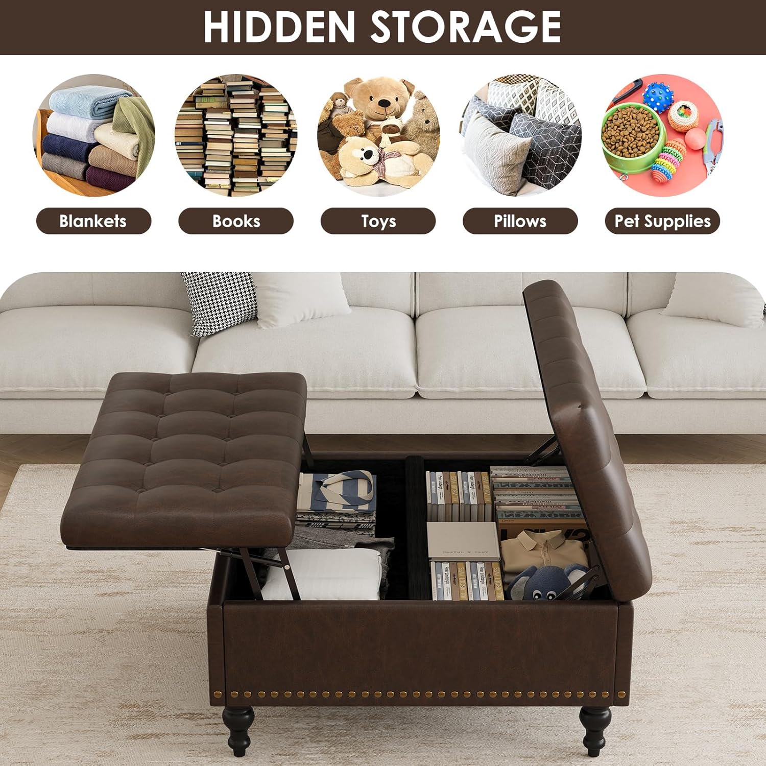 35 inch ottoman with storage side view in dark brown leather