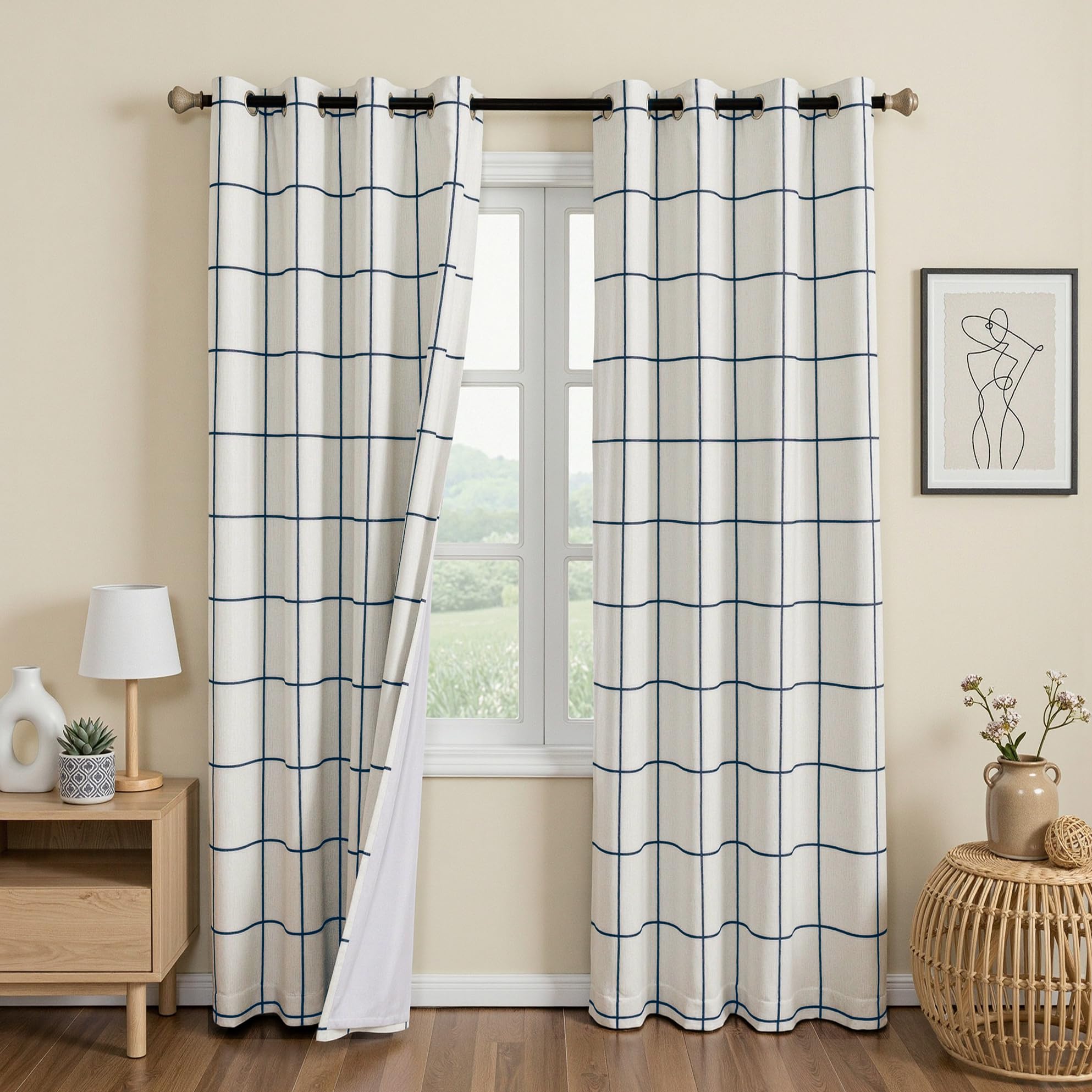 MYSKY HOME Navy Blue Plaid Blackout Curtains for Bedroom and Living Room