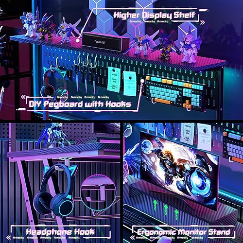 Miniatura 5 de Escritorio negro para juegos de 55 pulgadas con gabinete y luces LED, escritorio para computadora de juegos con estantes de almacenamiento y patas