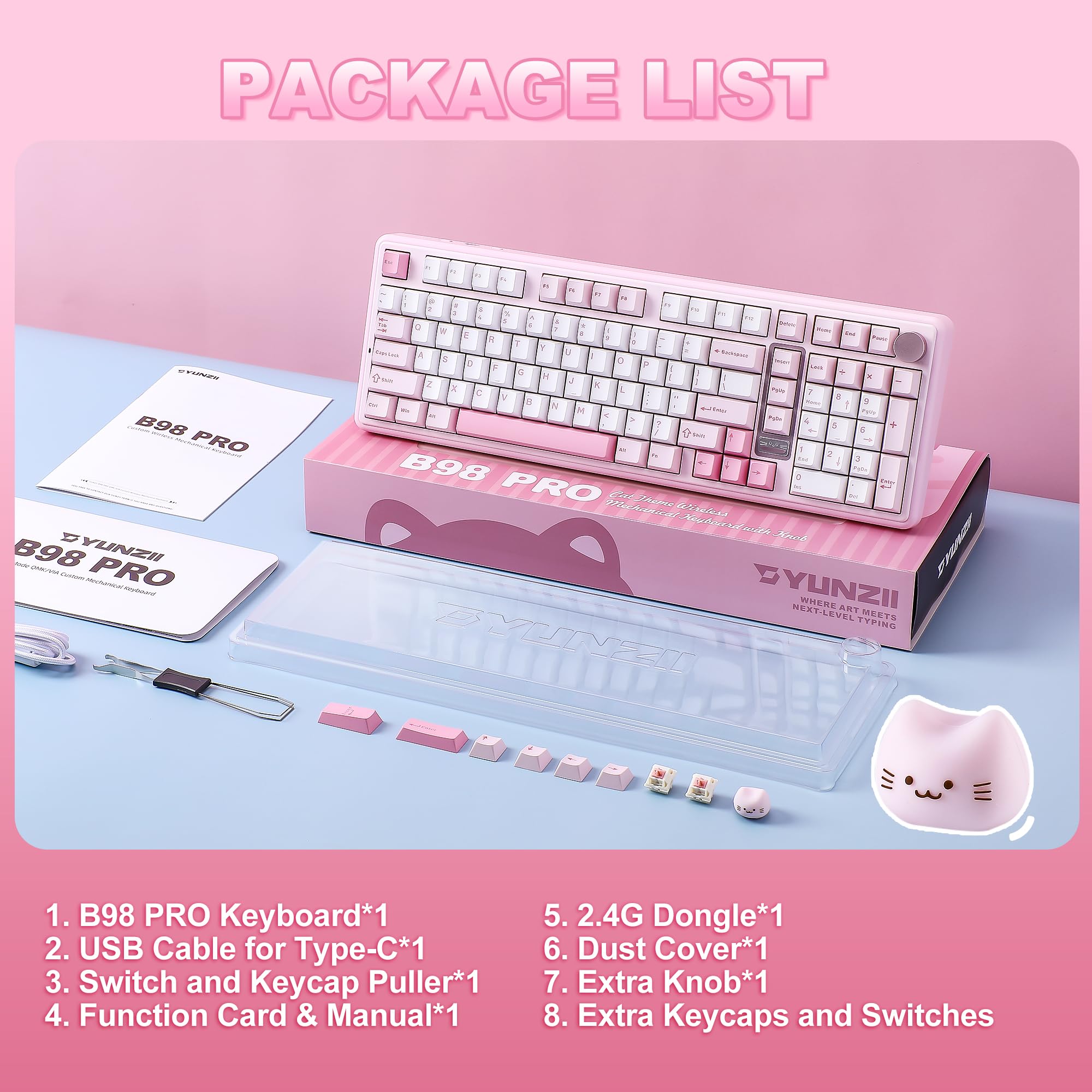 YUNZII B98 PRO QMK/VIA Gaming-Tastatur, 96% Kabellose Mechanische Tastatur mit Nummernblock Niedlichem Katzenknopf, BT/2,4 G/USB-C, Hot-Swap Tastatur Individuelle (Rosa, Milk V2 Linear Switch)