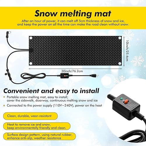 Miniatura 9 de Timgle 6 tapetes para derretir nieve, 10 x 30 pulgadas, tapete térmico de goma antideslizante con cable de alimentación, almohadilla térmica de