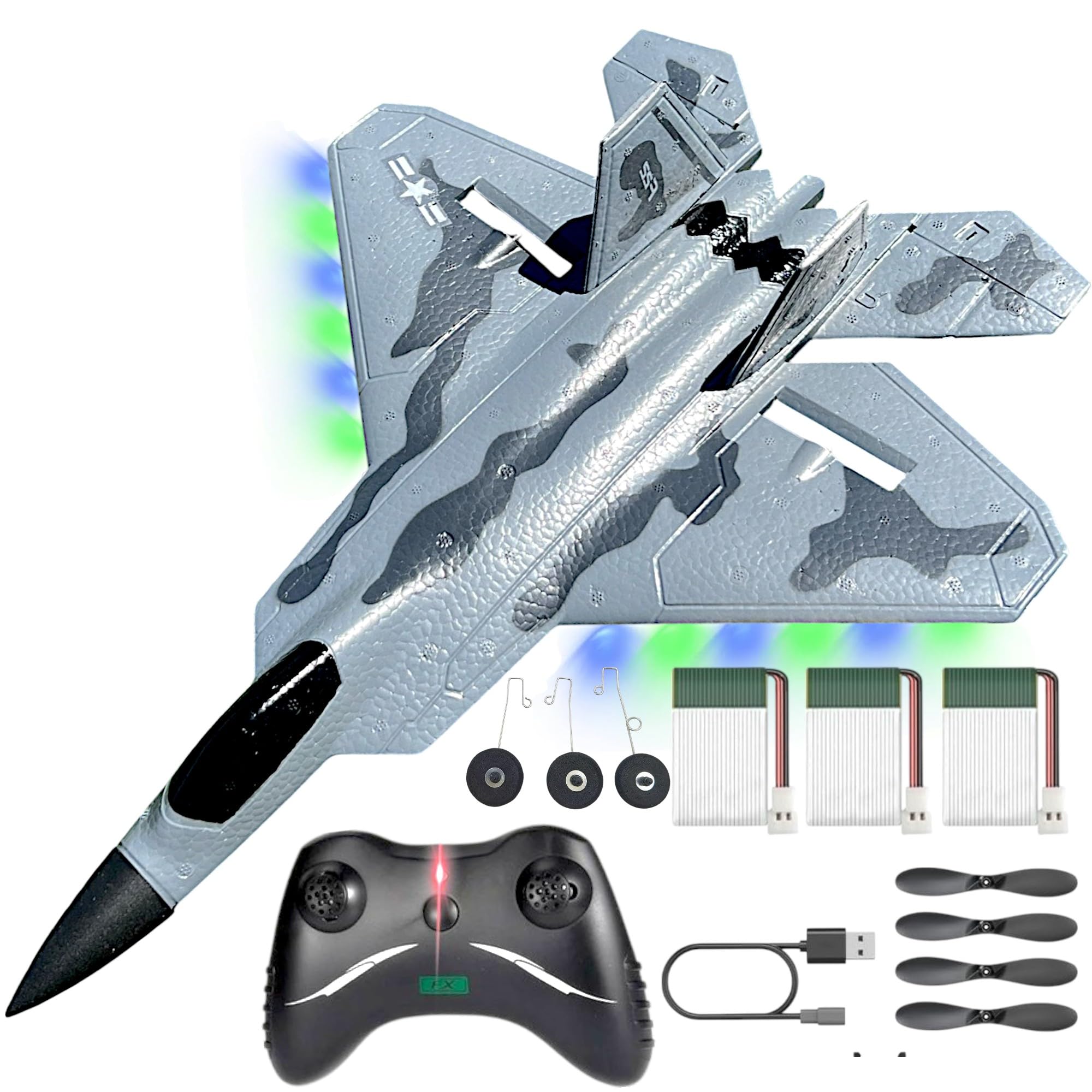RC Jet Plane 2.4GHz Remote Control Airplane - New Planes Model Led Light Aircraft Fighter Army Toy with Extra 3 Battery, Easy to Flying Toys for Boys and Girls