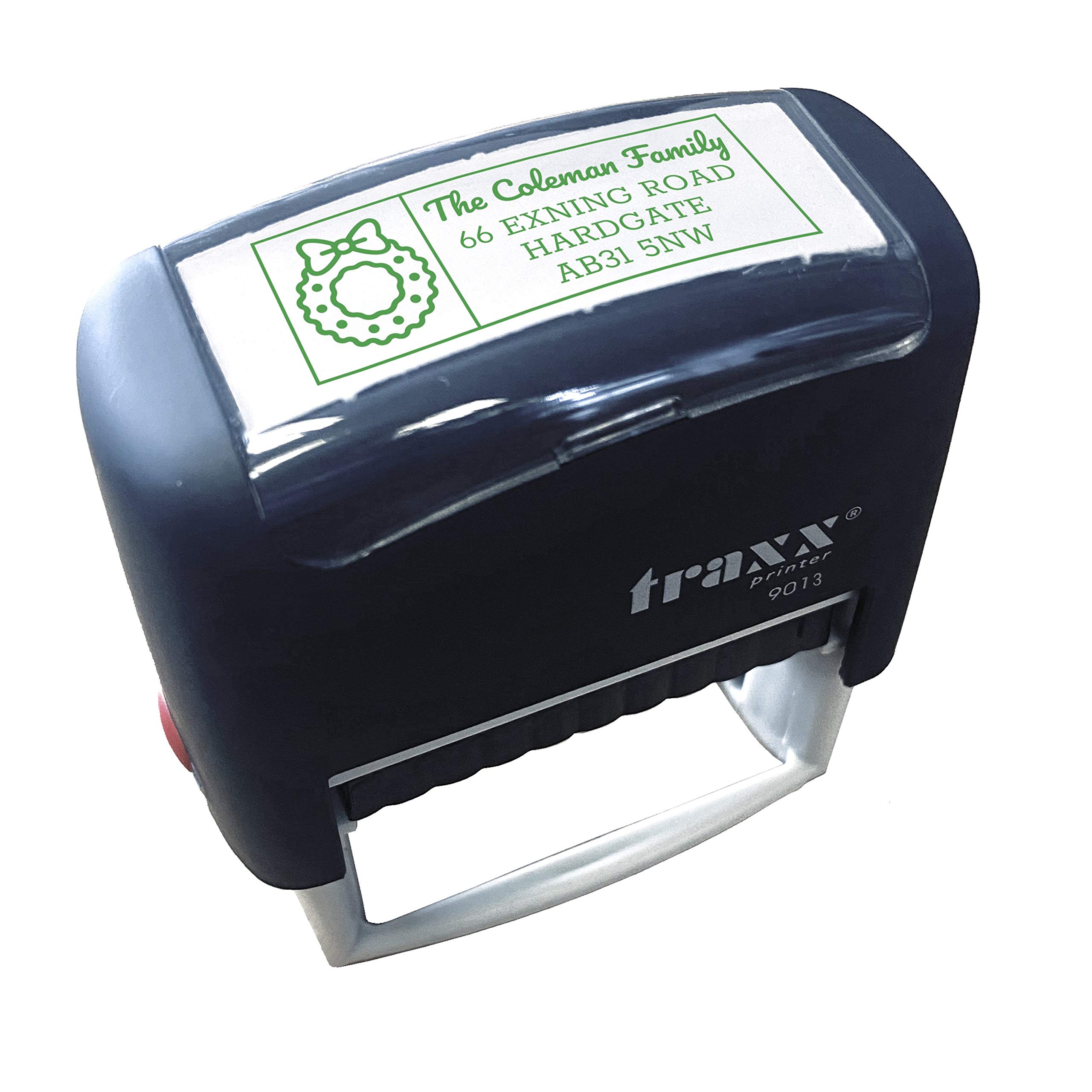 Traxx 9013 Personalised Christmas Self Inking Rubber Stamp - Wreath with 4 Lines of Customised Text with Green Ink