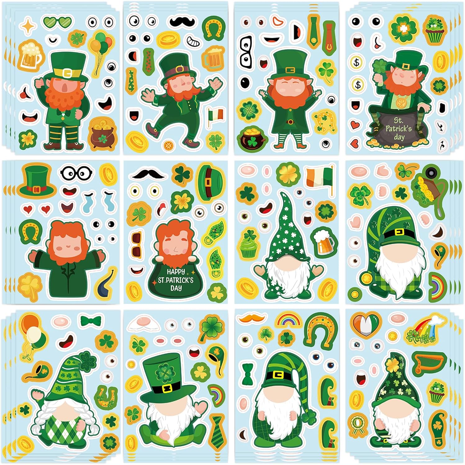Whaline 48 Sheets St. Patrick's Day Stickers Make A Face Stickers Make Your Own Leprechaun Gnome Shamrock Craft Decals for Irish Party School Games Gift Decoration, 12 Styles