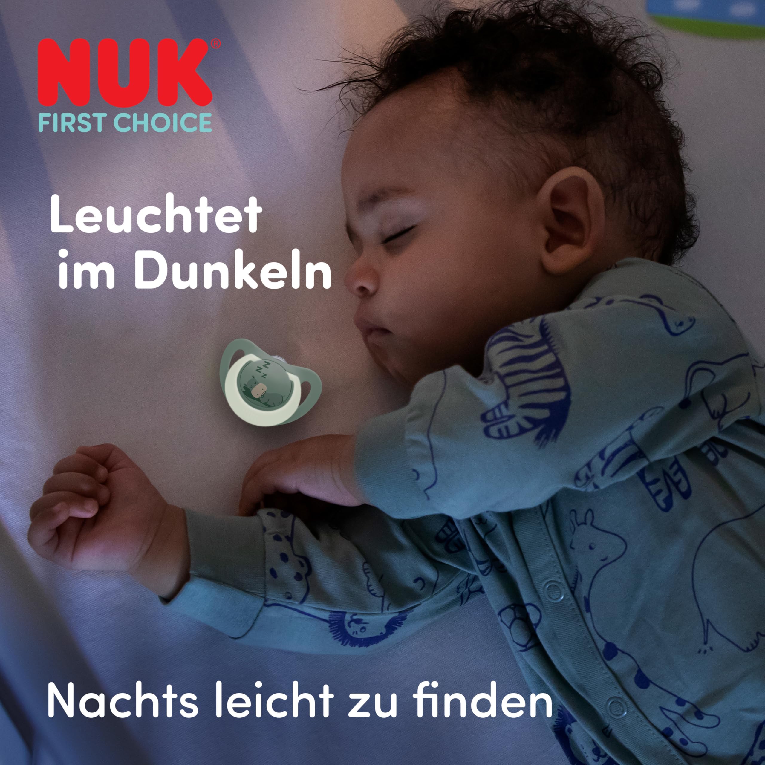 NUK First Choice Night Smoczki dla niemowląt | 6-18 miesięcy | Ortodontyczne smoczki świecące w ciemności | Uspokajają 99% niemowląt** | Króliczek i owieczka | 2 sztuki