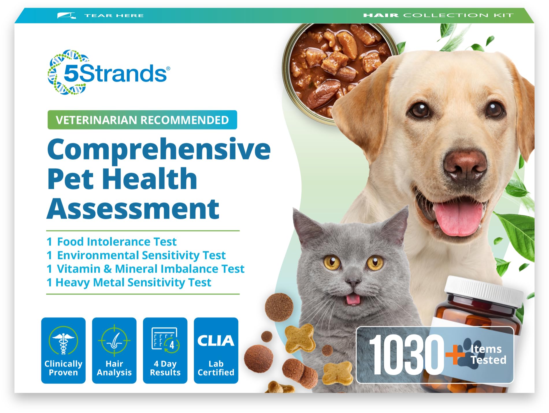 5Strands Pet Food Intolerance, Environmental & Heavy Metal Sensitivity, and Nutritional Imbalance Test, 1036 Items Tested, Cat & Dog Gut Health Test for All Breeds & Ages, Results in 4 Days