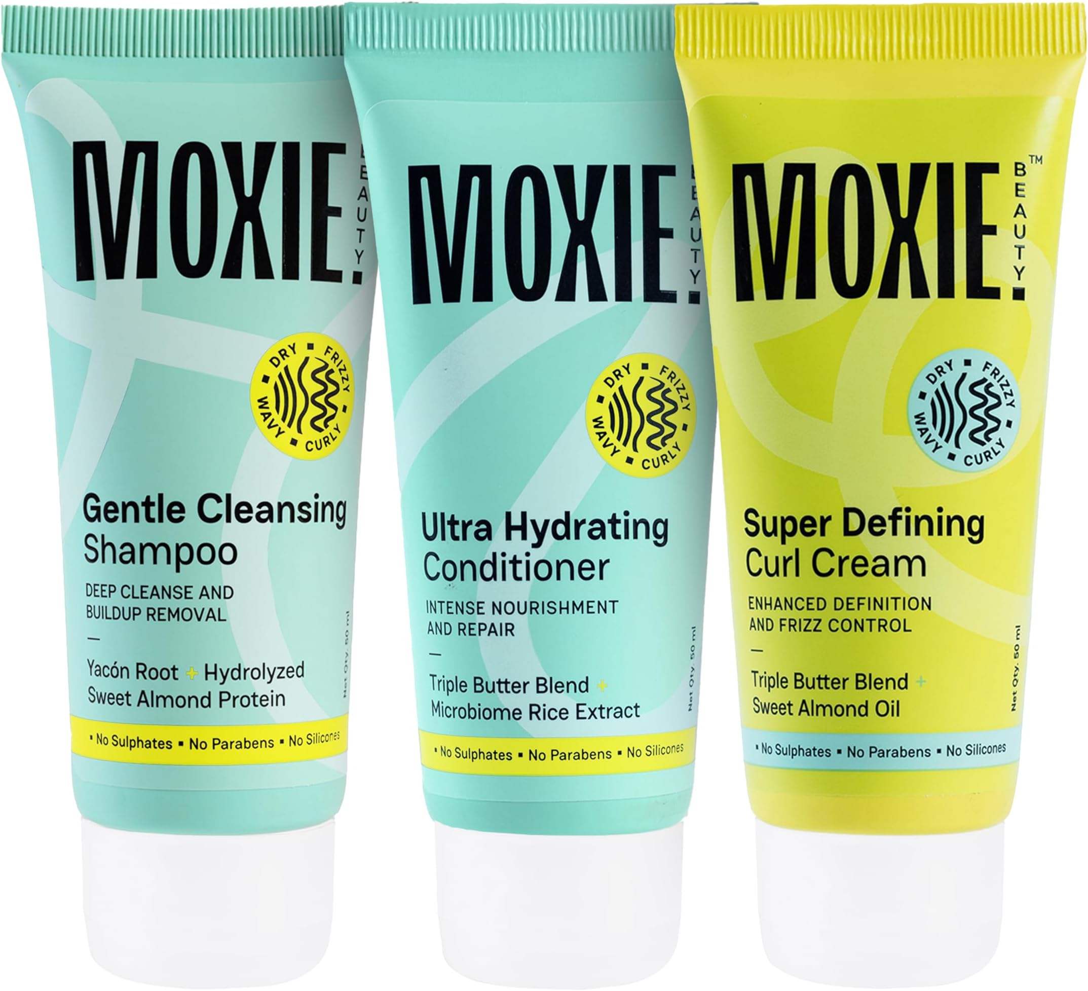 Curly Essentials Travel Trio | Boosts Curl Definition & Retains 96% Moisture | Gentle Cleansing Shampoo (50ml), Ultra Hydrating Conditioner (50ml) & Super Defining Curl Cream (50ml)