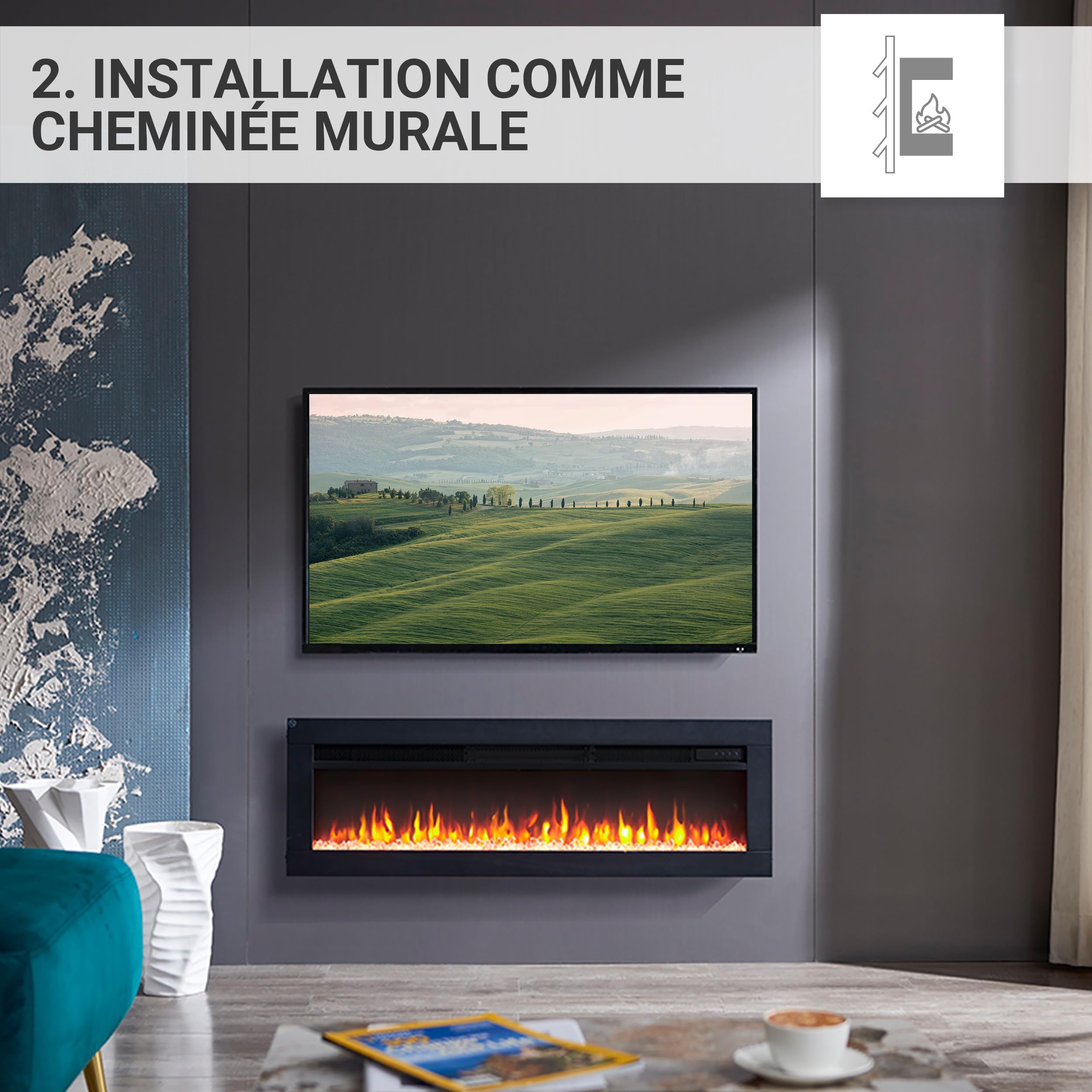 BALDERIA Agnes 40" Foyer Électrique - Foyer électrique encastré avec Chauffage 1000/2000 W, Effet de Flamme 3D réaliste, Télécommande programmable, Minuterie, Thermostat - Noir